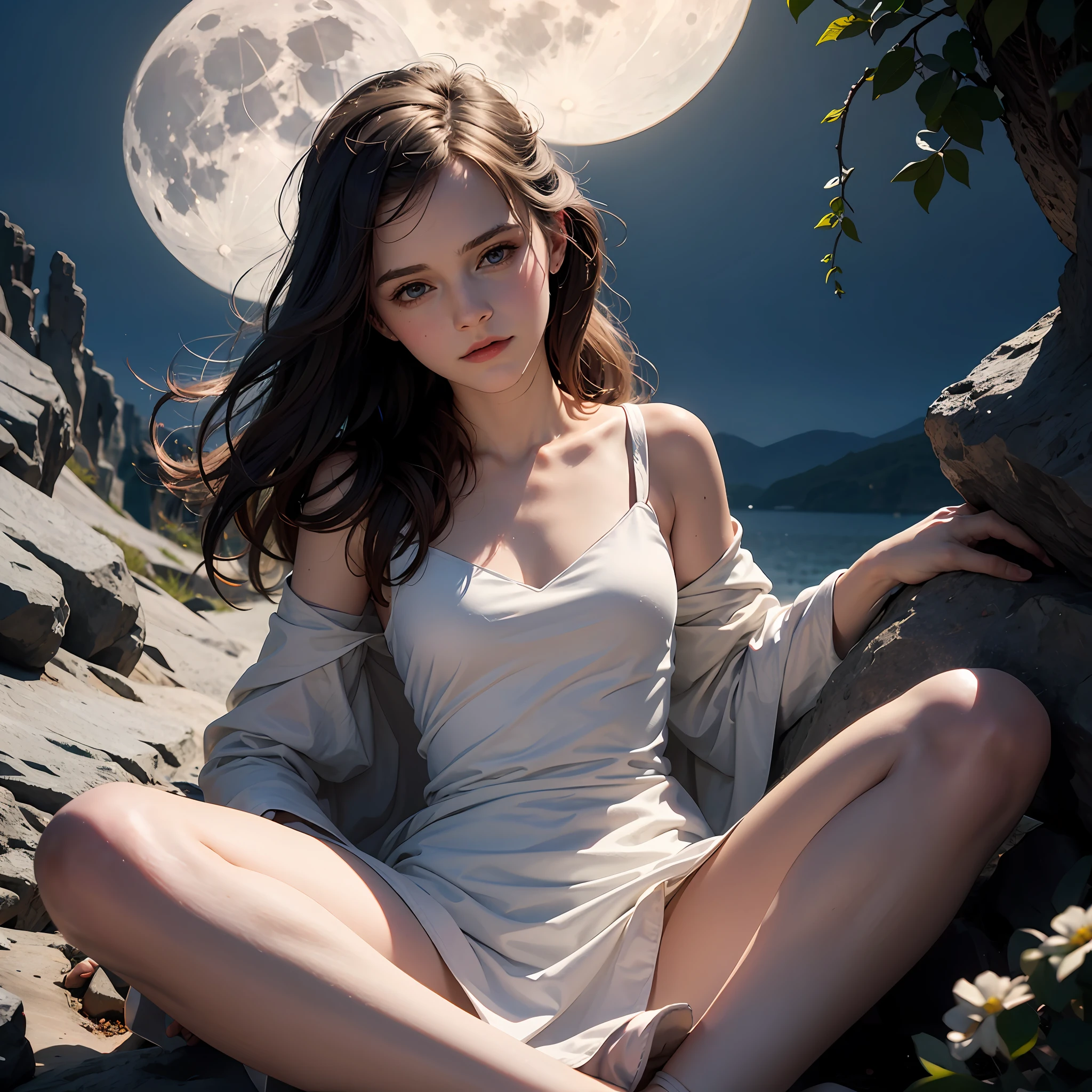 emma watson as a white priestess girl. tight dress. spread legs. background moon. sharp focus, natural lighting, subsurface scattering, f2, 35mm, film grain