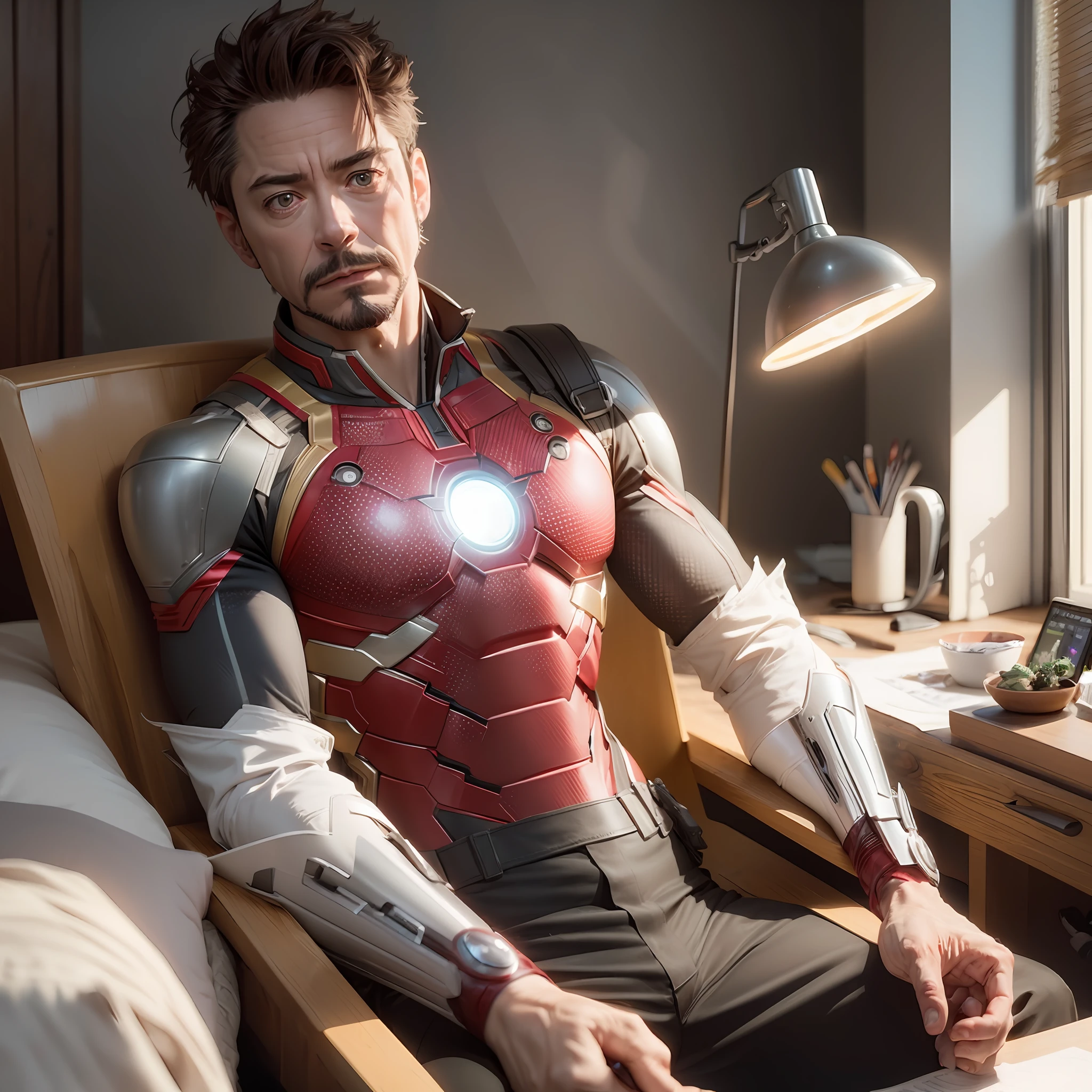 Marvel, Old man Tony Stark, realistically, dynamic lights, old, gray stubble, full shoot, (extremely detailed CG unity 8k wallpaper), trending on ArtStation, trending on CGSociety, High Detail, Sharp focus, dramatic, photorealistic,professional color grading, soft shadows, no contrast, clean sharp focus, film photography --ar 2:3 --auto