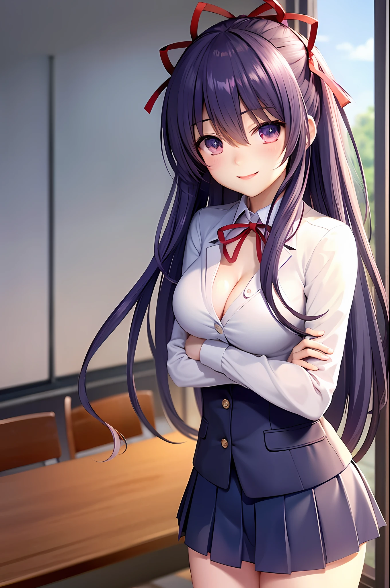 Yatogami tohka, school uniform, blazer, cleavage, medium breasts, best quality, long hair, pony tail, red ribbon hair, masterpiece, highres, best quality, blush, smile shy, sexy pose, indoor, chair, classroom, window, pleated skirt, stocking, thighhigh,