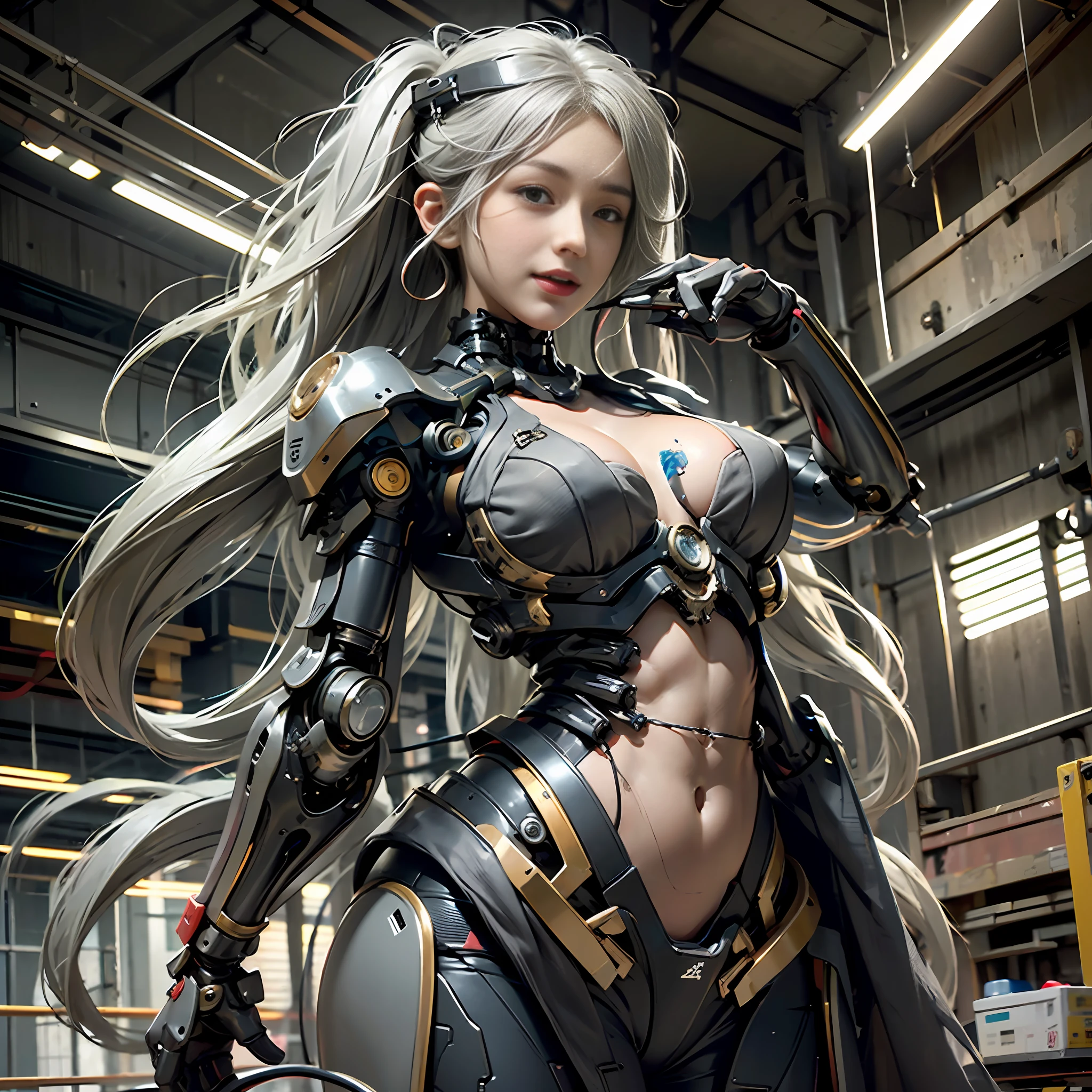 Beautiful Face,face is Japan, 1 Woman, Big, Curvaceous, (16k, RAW photo, top quality, masterpiece: 1.2), (HDR, Realistic, Photorealistic: 1.37) (tube attached to the body), (Bikini Cyborg robot parts)))), (light gray hair), Long hair, Wavy hair, Twin tails, Medium shot, ( Seductive smile)), (black eyes), double eyelids, princess cut, from below, (whole body),posing,,in the lab,( tube connected to blood vessel),((mechanical vertebrae attached to the back)),((mechanical neck attached to the neck)),(wire and cable attached to head and body),(character focus),science fiction,perfect female figure,perfect anatomy, hyperanatomy, full body shot, relationship between up to 4 fingers and 1 thumb, spherical joint,