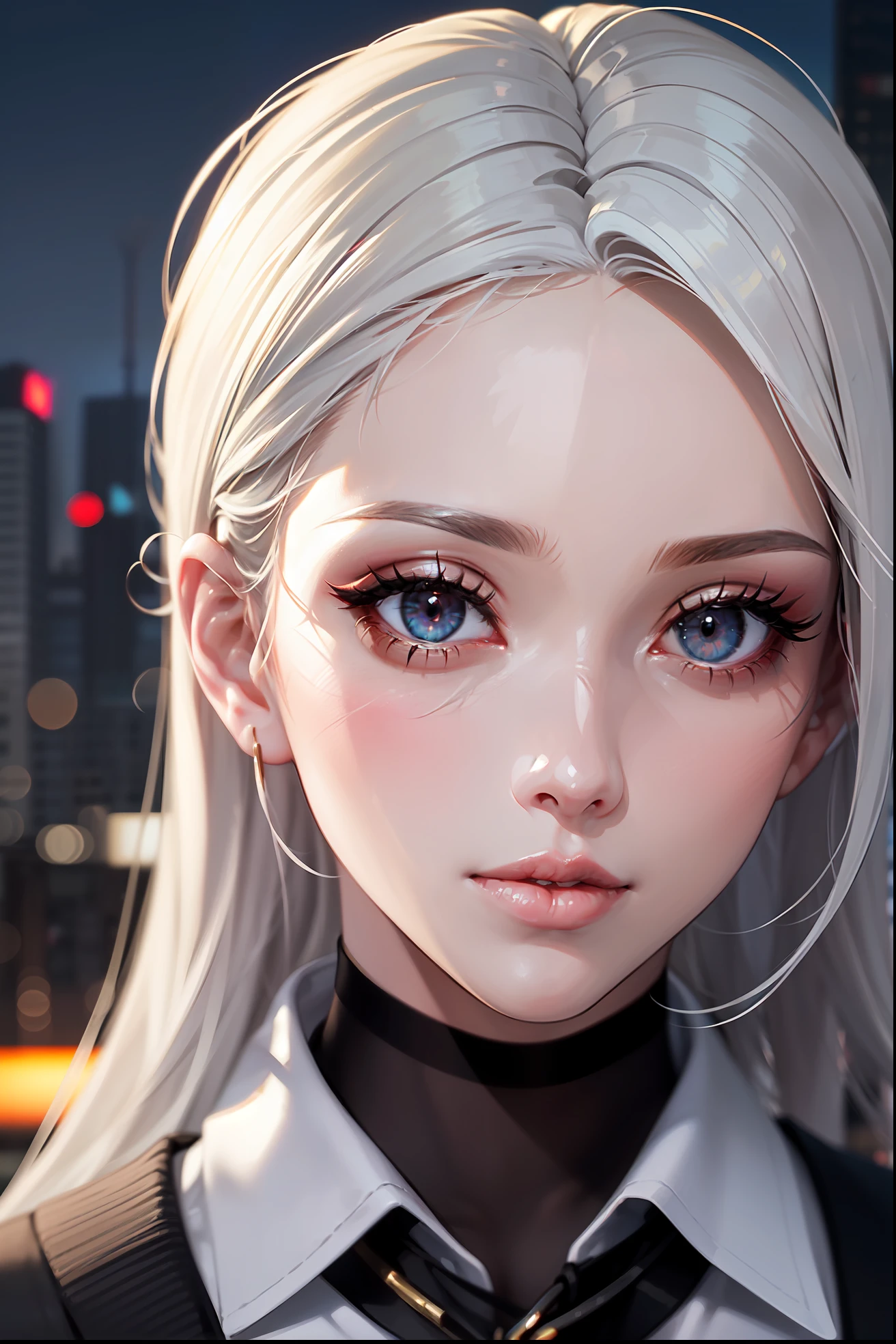 (masterpiece:1.3), (8k, photorealistic, RAW photo, best quality: 1.4), (1girl), beautiful face, (realistic face), Nice hairstyle,Realistic Eyes,Nice detail eyes,(Realistic Skin),Beautiful Skin,Ridiculous,attractive,Ultra high Resolution,an ultra realistic,RAWExtremely detailed,golden proportions, Woman wearing business outfit, formal blazer, white blouse, high waist business skirt, sheer pantyhose, beautiful, masterpiece, best quality, perfect lighting, (white hair:1.4), long hair, (grey eyes:1.2), slender build, thin, medium breasts, business woman, ceo, sitting in luxurious black office chair, giant modern window with view of dusk cyberpunk city skyline in background, close up, dusk, (cyberpunk city background:1.3), (Hazy sky:1.2), (Dim red sun:1.3), eyelashes, dark eyeliner, cyberpunk