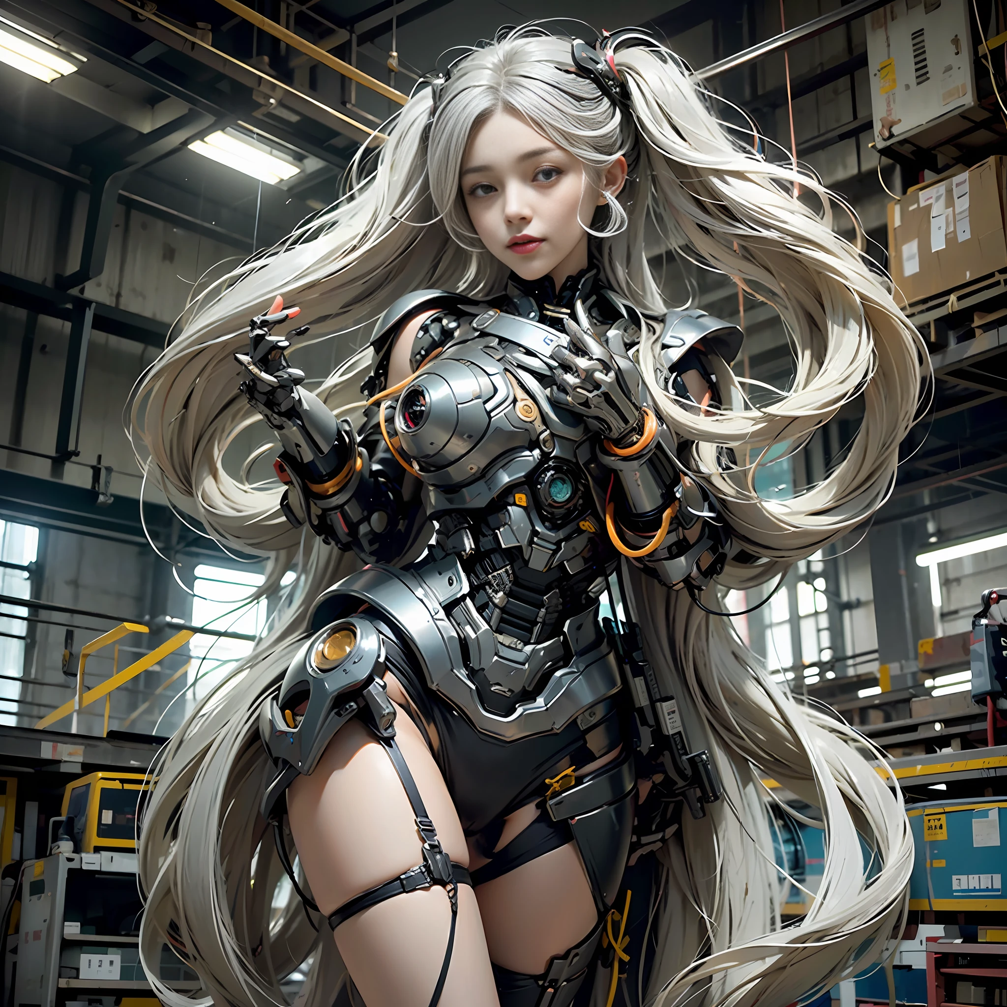 Beautiful Face,face is Japan, 1 Woman, Big, Curvaceous, (16k, RAW photo, top quality, masterpiece: 1.2), (HDR, Realistic, Photorealistic: 1.37) (tube attached to the body), (Bikini Cyborg robot parts)))), (light gray hair), Long hair, Wavy hair, Twin tails, Medium shot, ( Seductive smile)), (black eyes), double eyelids, princess cut, from below, (whole body),posing,,in the lab,( tube connected to blood vessel),((mechanical vertebrae attached to the back)),((mechanical neck attached to the neck)),(wire and cable attached to head and body),(character focus),science fiction,perfect female figure,perfect anatomy, hyperanatomy, full body shot, relationship between up to 4 fingers and 1 thumb, spherical joint,