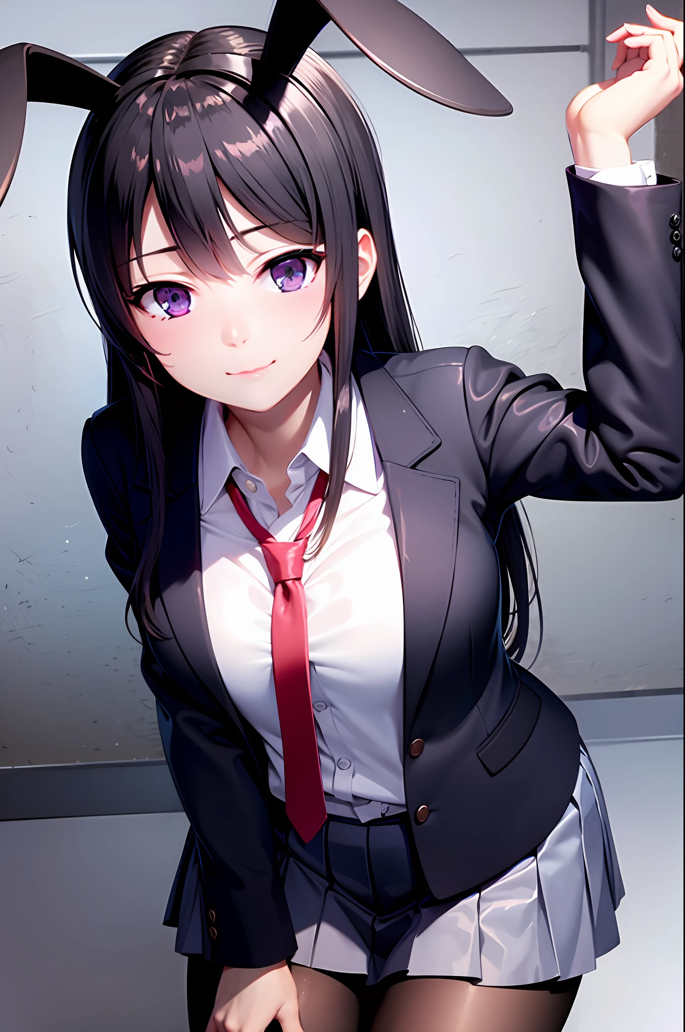 School uniform, white shirt, pantyhose, pleated skirt, tie, rabbit ears, mayijan, lean forward, behind arms, faint smile, mid_breats, best quality, medium breasts