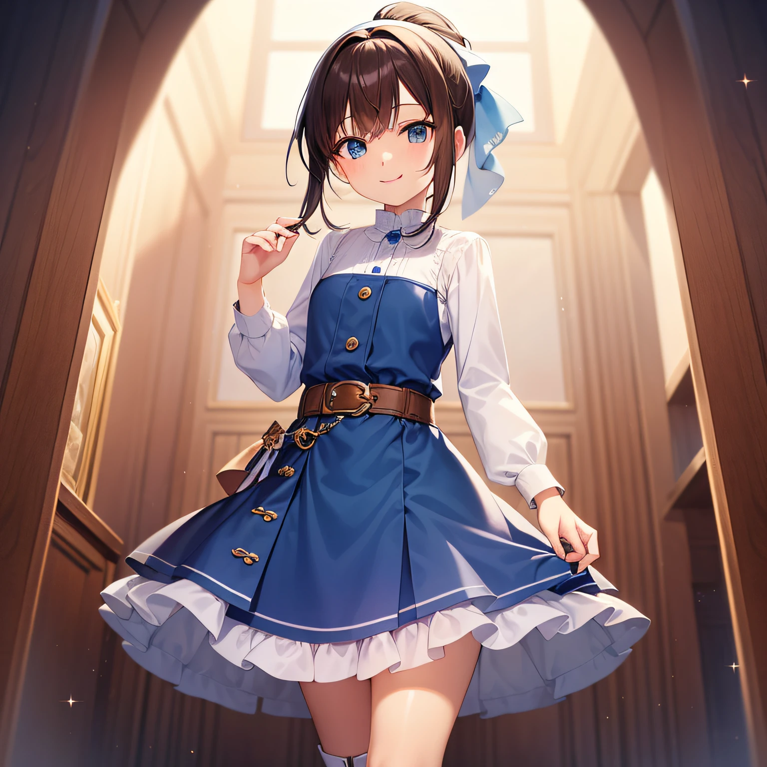 top quality, very delicate and beautiful, girl, , (dark brown hair), blue clothes with vertical buttons, belt at the waist, white skirt, (ponytail)), (white hair band), (brown boots), blue eyes, standing, smile,