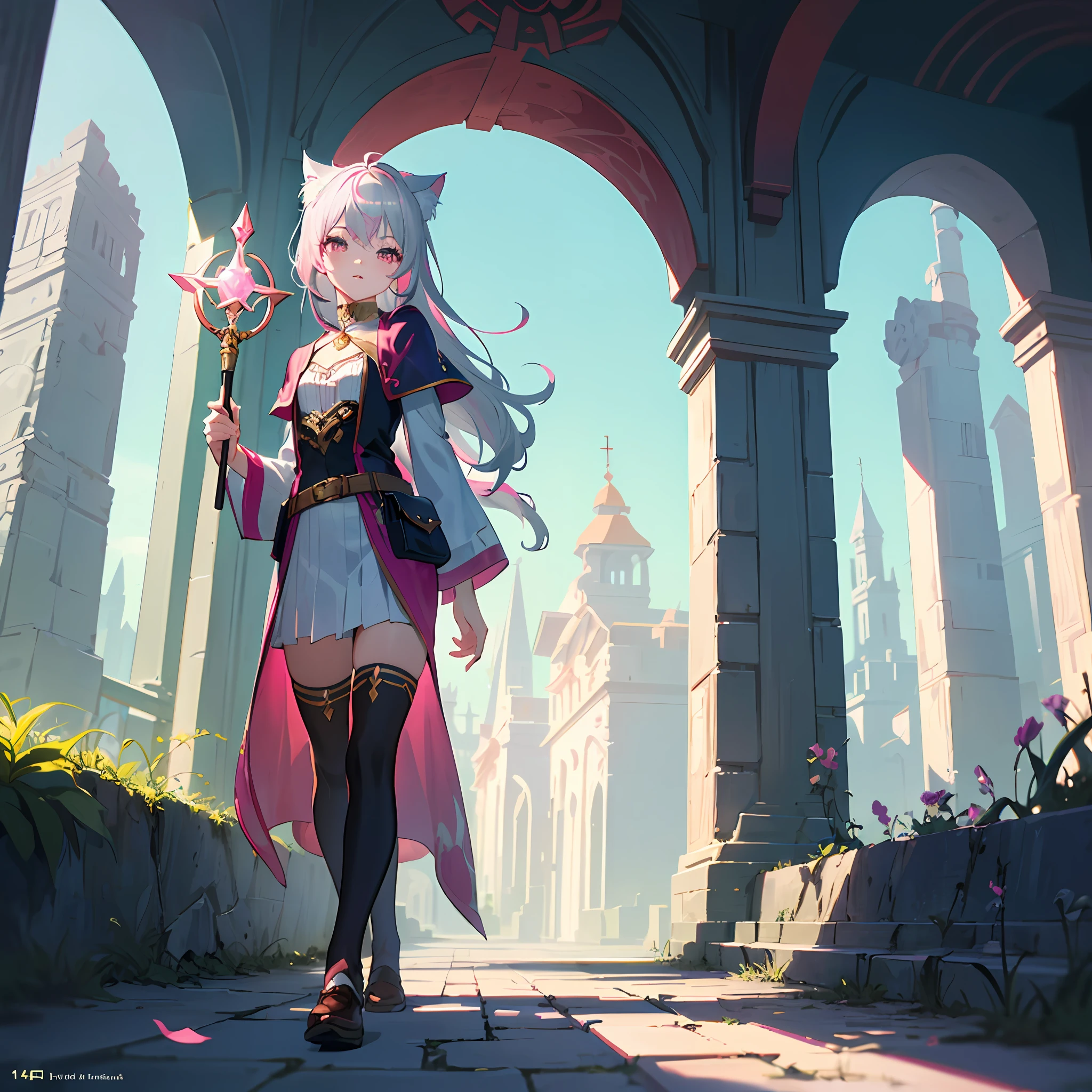 High Resolution: 1.7, Incredibly Ridiculous, Cute: 1, Cute: 1.5, Hires.fix: 1.5, Anime Visuals: 1, Incredibly Fine Illustrations, Crystal Clear White Skin, Sensual, Full Body, One Girl, Junior High School Student, (((14 years old)), Fantasy World, Fantasy Voiced, Cat-Eared Girl, Walking the Road, holding Wizard's Wand, High angle, fantastic buildings, silver hair with pink hair, cute chic adventurer clothes