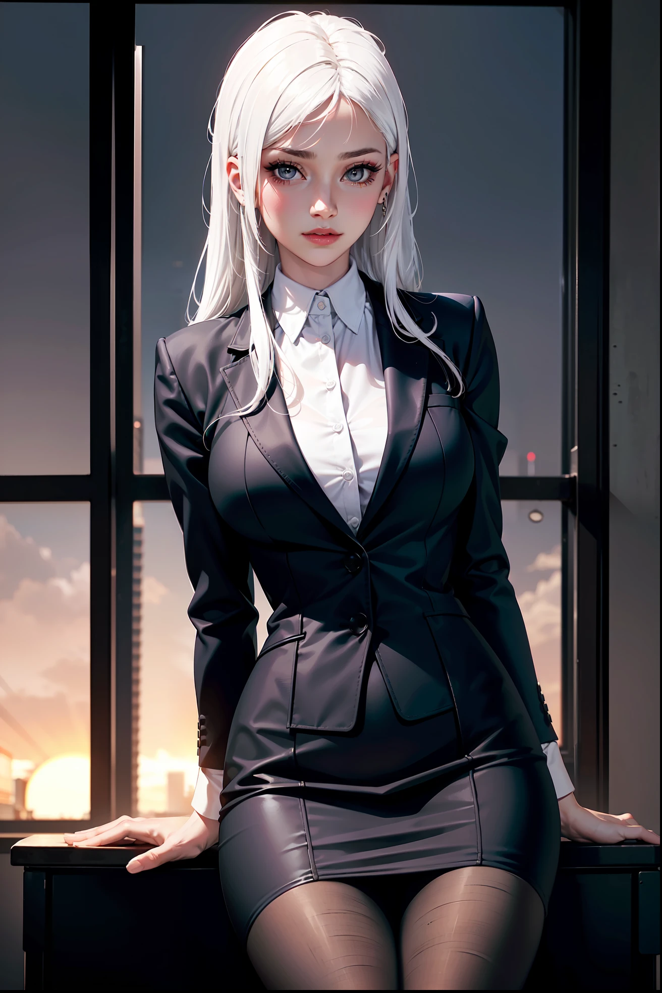 (masterpiece:1.3), (8k, photorealistic, RAW photo, best quality: 1.4), (1girl), beautiful face, (realistic face), Nice hairstyle,Realistic Eyes,Nice detail eyes,(Realistic Skin),Beautiful Skin,Ridiculous,attractive,Ultra high Resolution,an ultra realistic,RAWExtremely detailed,golden proportions, Woman wearing business outfit, formal blazer, white blouse, high waist business skirt, sheer pantyhose, beautiful, masterpiece, best quality, perfect lighting, (white hair:1.4), long hair, (grey eyes:1.2), slender build, thin, medium breasts, business woman, ceo, sitting in luxurious black office chair, giant modern window with view of dusk cyberpunk city skyline in background, close up, dusk, (cyberpunk city background:1.3), (Hazy sky:1.2), (Dim red sun:1.3), eyelashes, dark eyeliner, cyberpunk