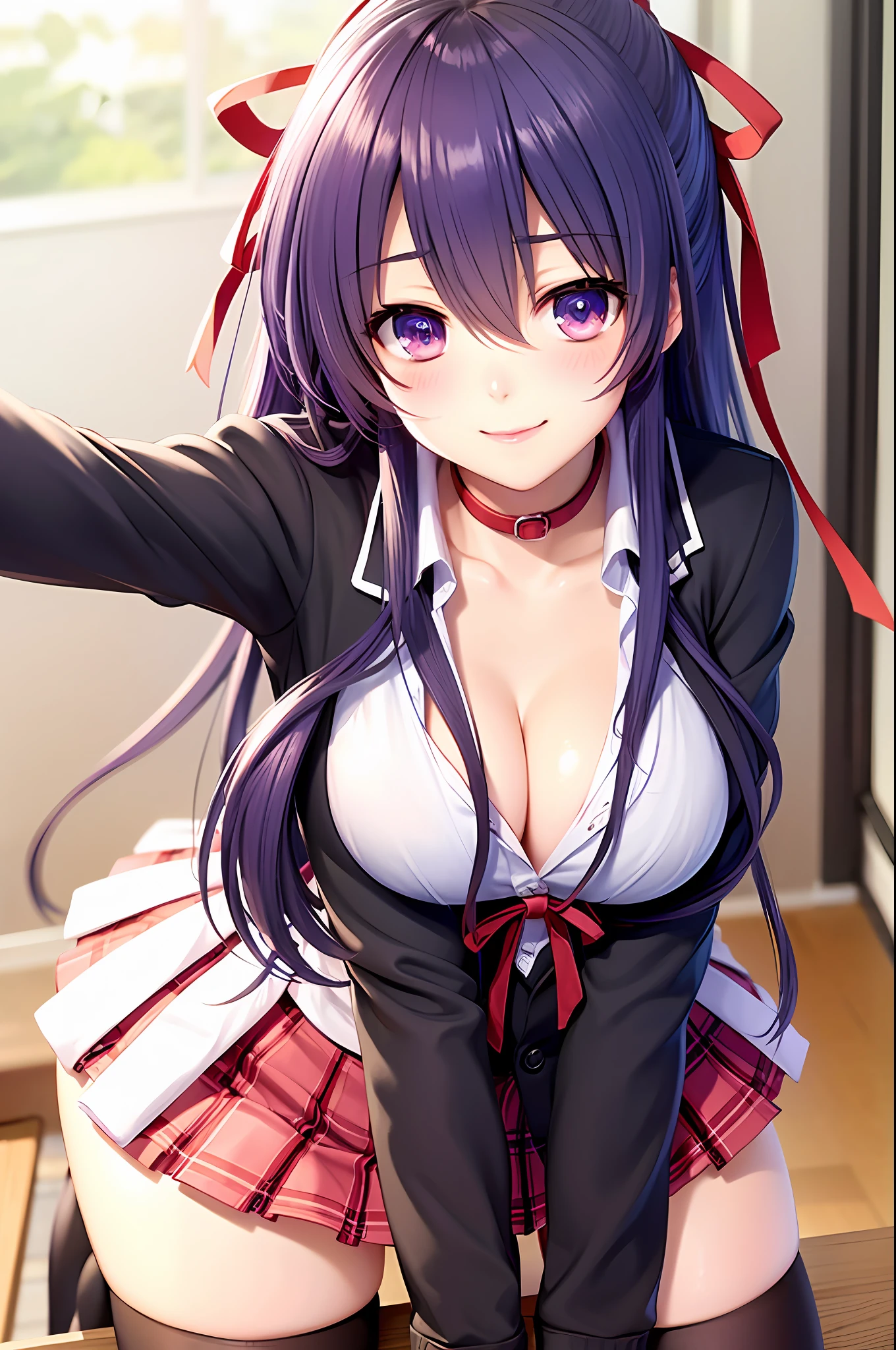 Yatogami tohka, school uniform, blazer, cleavage, medium breasts, best quality, long hair, pony tail, red ribbon hair, masterpiece, highres, best quality, blush, smile shy, sexy pose, indoor, chair, classroom, window, pleated skirt, stocking, thighhigh,