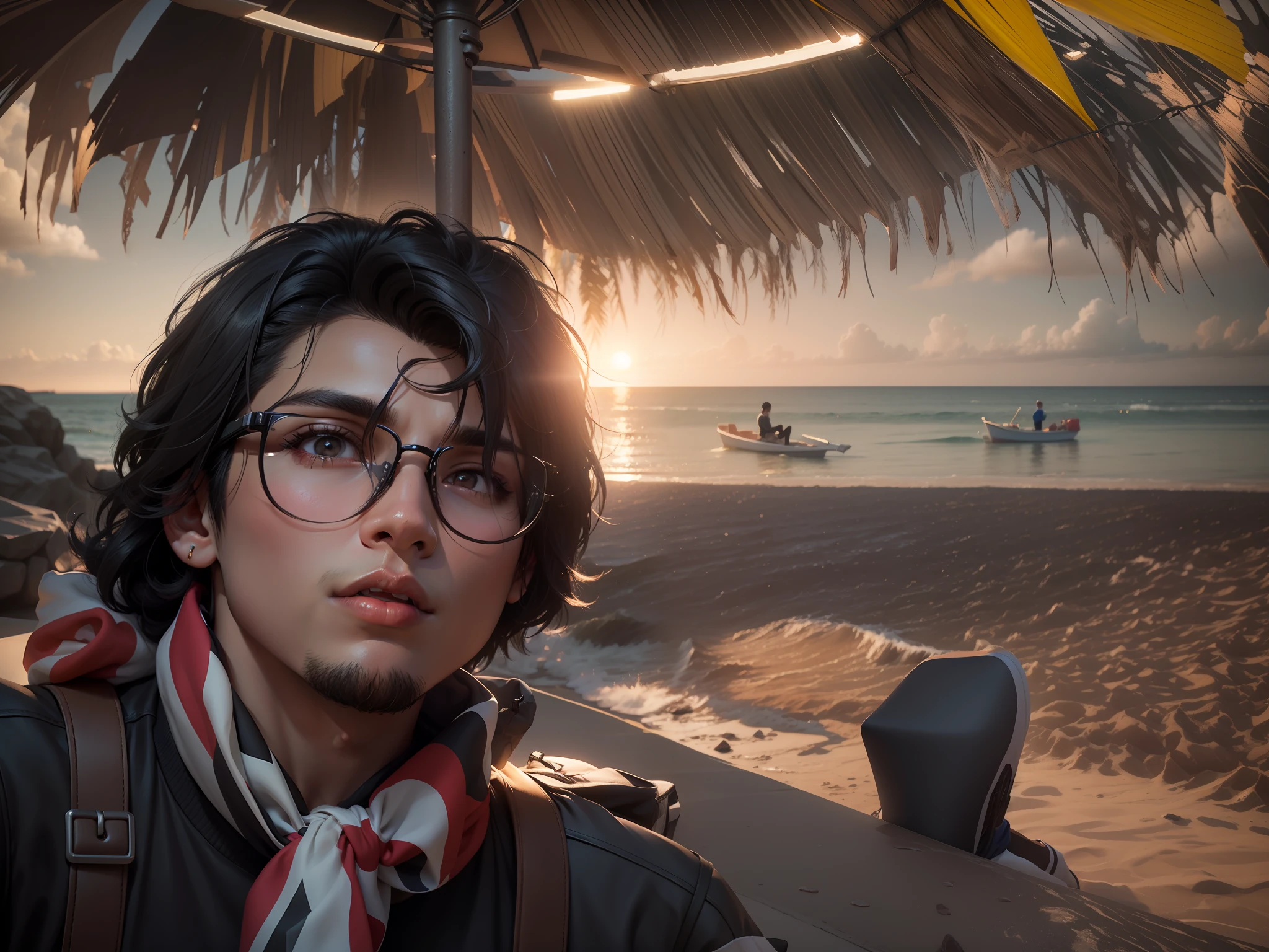 Black hair colour,hispanic skin tone,young adult 23 year old boy wearing colourful neck scarf,beach as background 3drender,ZBrush, cute animestyle, OctaneRender， bright light,intricate ornateanime cgi style,full body， 8K,best 6 quality --niji 5 --style expressive --ar 9:16 --s 750