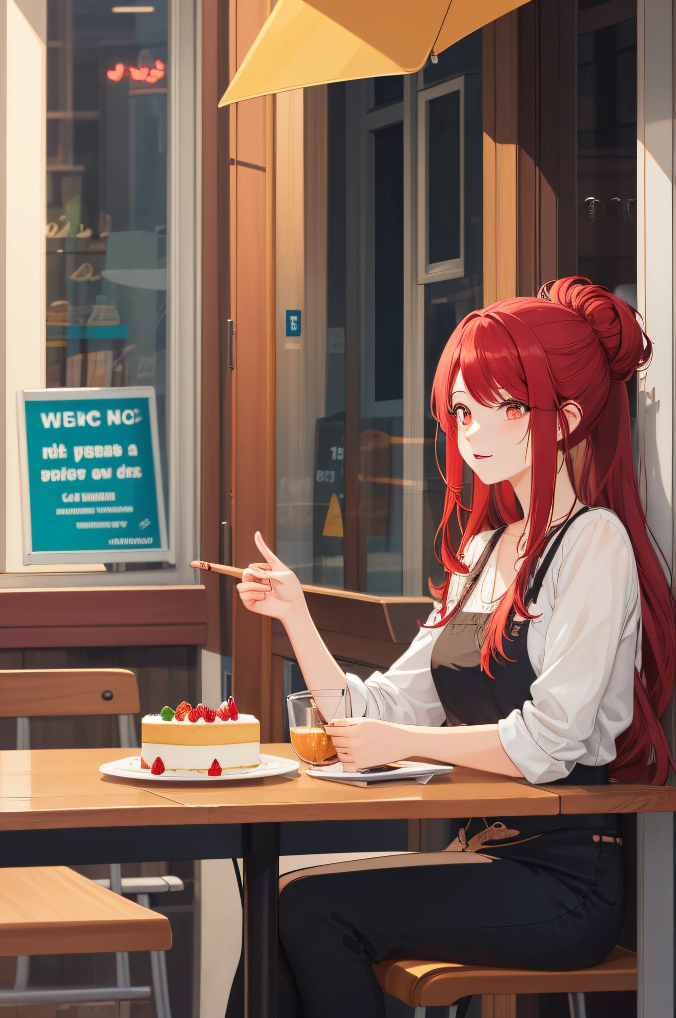 illustration, best quality, colorful, line-art, flat colors,
18yo girl, medium breasts, red hair, red eyes, long hair, hair up,
sitting in cafe, cake, drink, window showing street outside,
(digital illustration background)