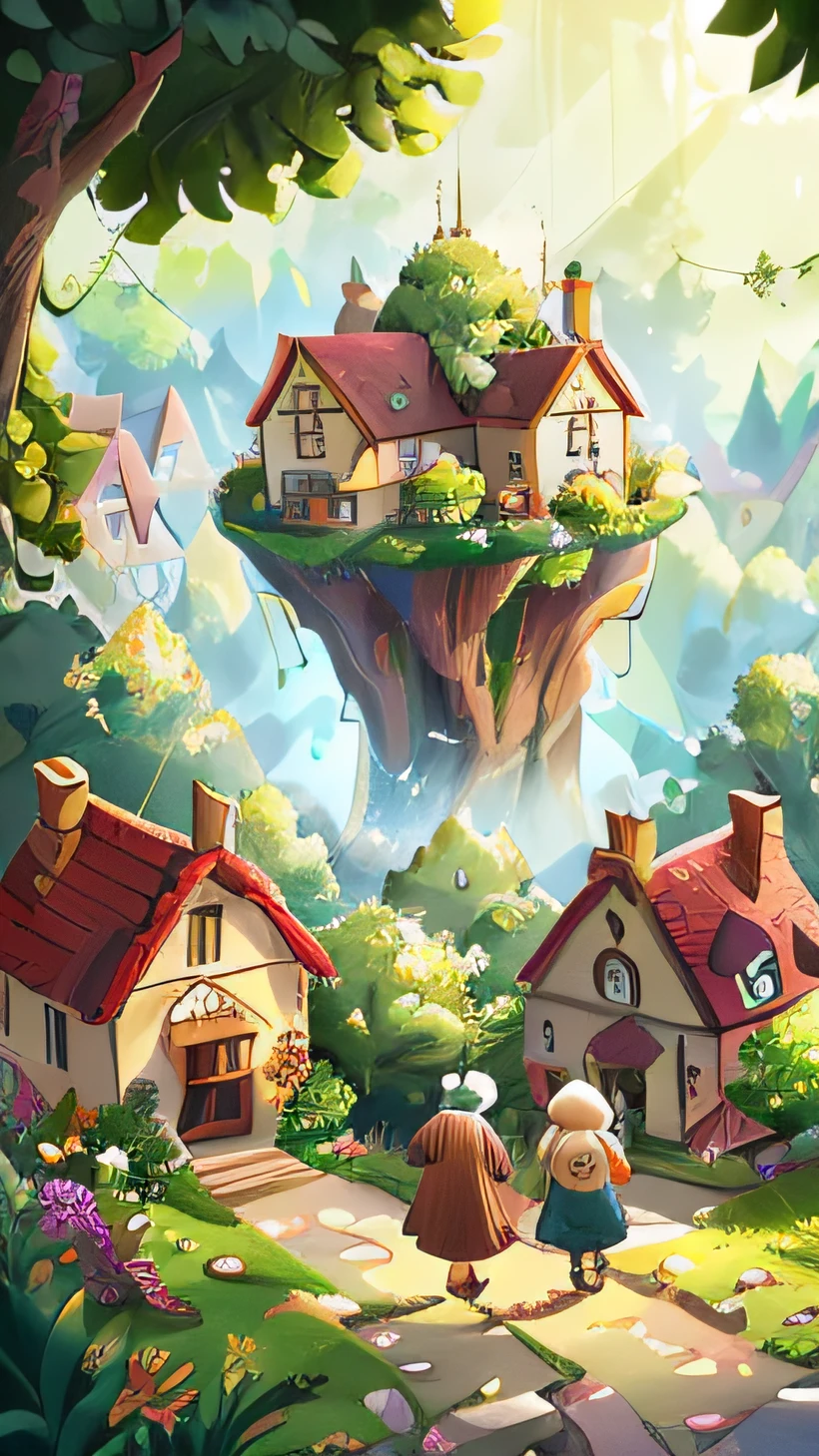 A village, surrounded by green hills and lush trees. Colorful houses line up along a street Happy people are seen walking and interacting with each other, perfect quality, clear focus (clutter - house: 0.8), (masterpiece: 1.2) (realistic: 1.2) (bokeh) (best quality) (detailed skin: 1.3) (intricate details) (8K) (detail eyes) (sharp focus), (happy)