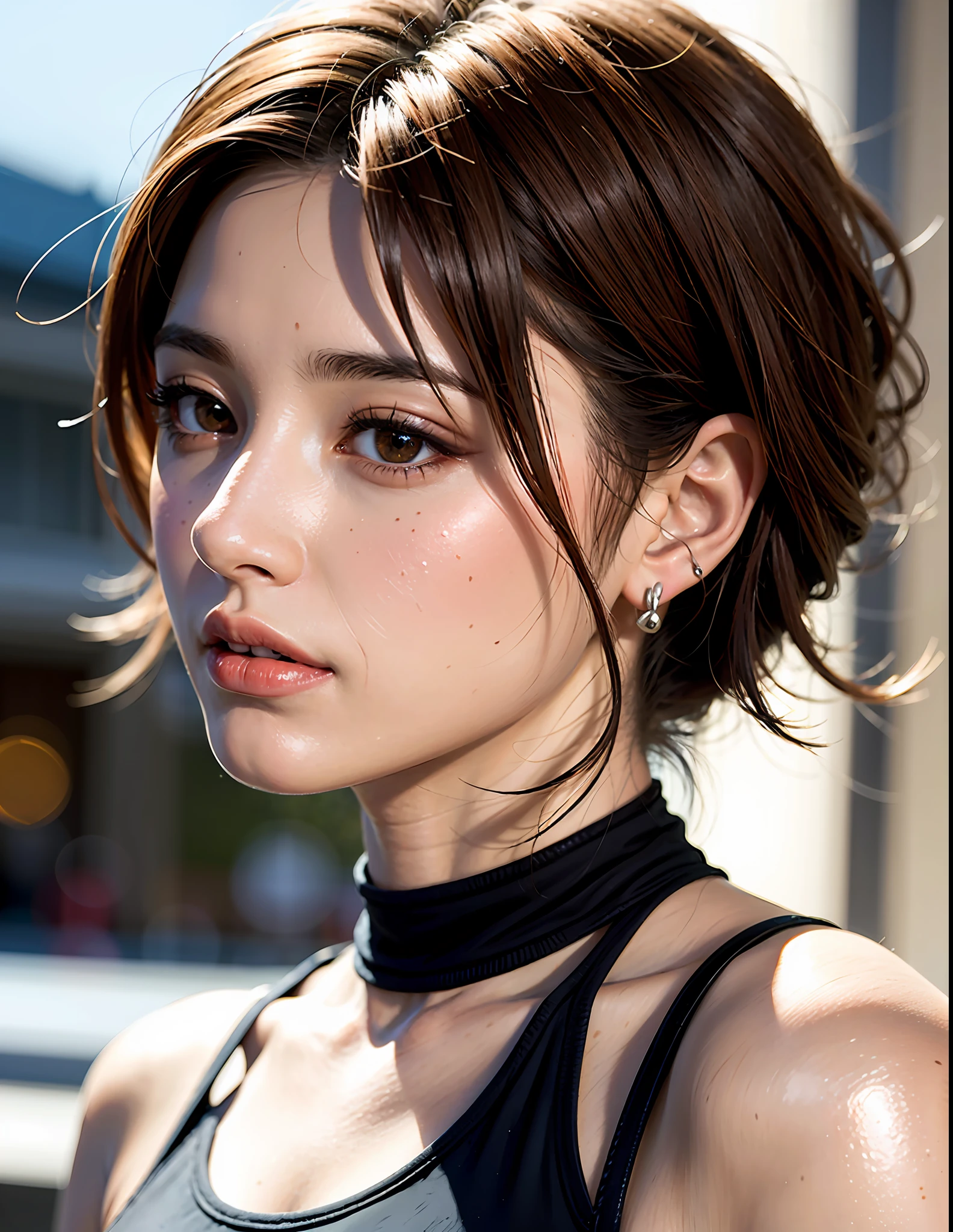 (8k, RAW photos, super high quality, super detailed CG Unity 8k wallpaper, masterpiece: 1.2), one girl, 3D,The depth of field in the photo was perfect and the lens flare added a nice touch,looking at the viewer with affectionately,smile,super beautiful detailed eyes, accurate shiny iris depiction, pupils are black and abyss, water-based humor shine, ultra-detailed eyelashes, Very slightly black-rimmed iris,beautiful hair,ultra-detailed hairs,precise shading of hair, Delicate hair tips,professional make-up,ultra-detailed lip,Accurately depicted lip wrinkles,Beautiful glossy lips,wearing small jewelry earrings, short hair, (Slightly sweaty skin:0.8),sleeveless clothing, the precision of the shadows created on the clothes, chiaroscuro, fashionable Cafe terrace with many antique accessories ,Nearby fountain