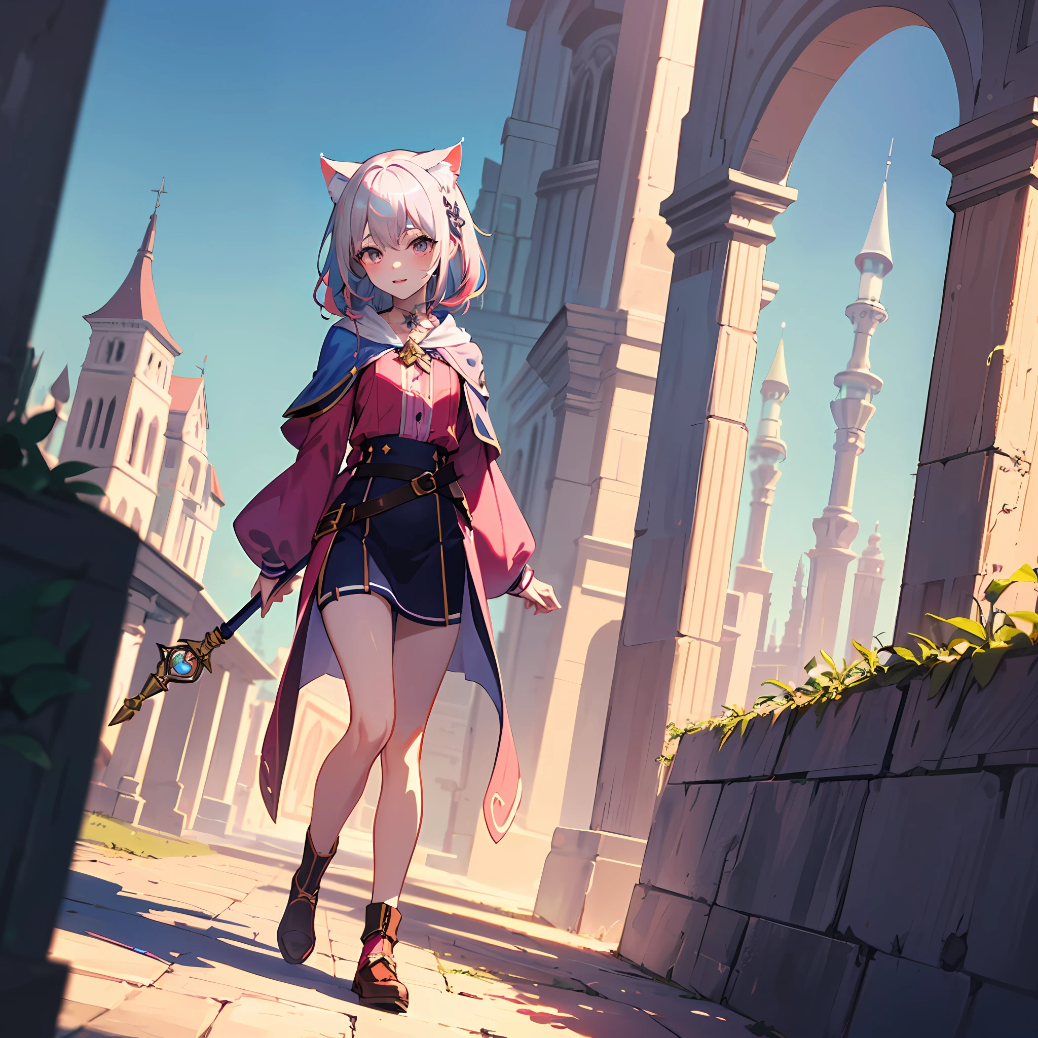High Resolution: 1.7, Incredibly Ridiculous, Cute: 1, Cute: 1.5, Hires.fix: 1.5, Anime Visuals: 1, Incredibly Fine Illustrations, Crystal Clear White Skin, Sensual, Full Body, One Girl, Junior High School Student, (((14 years old)), Fantasy World, Fantasy Voiced, Cat-Eared Girl, Walking the Road, holding Wizard's Wand, High angle, fantastic buildings, silver hair with pink hair, cute chic adventurer clothes
