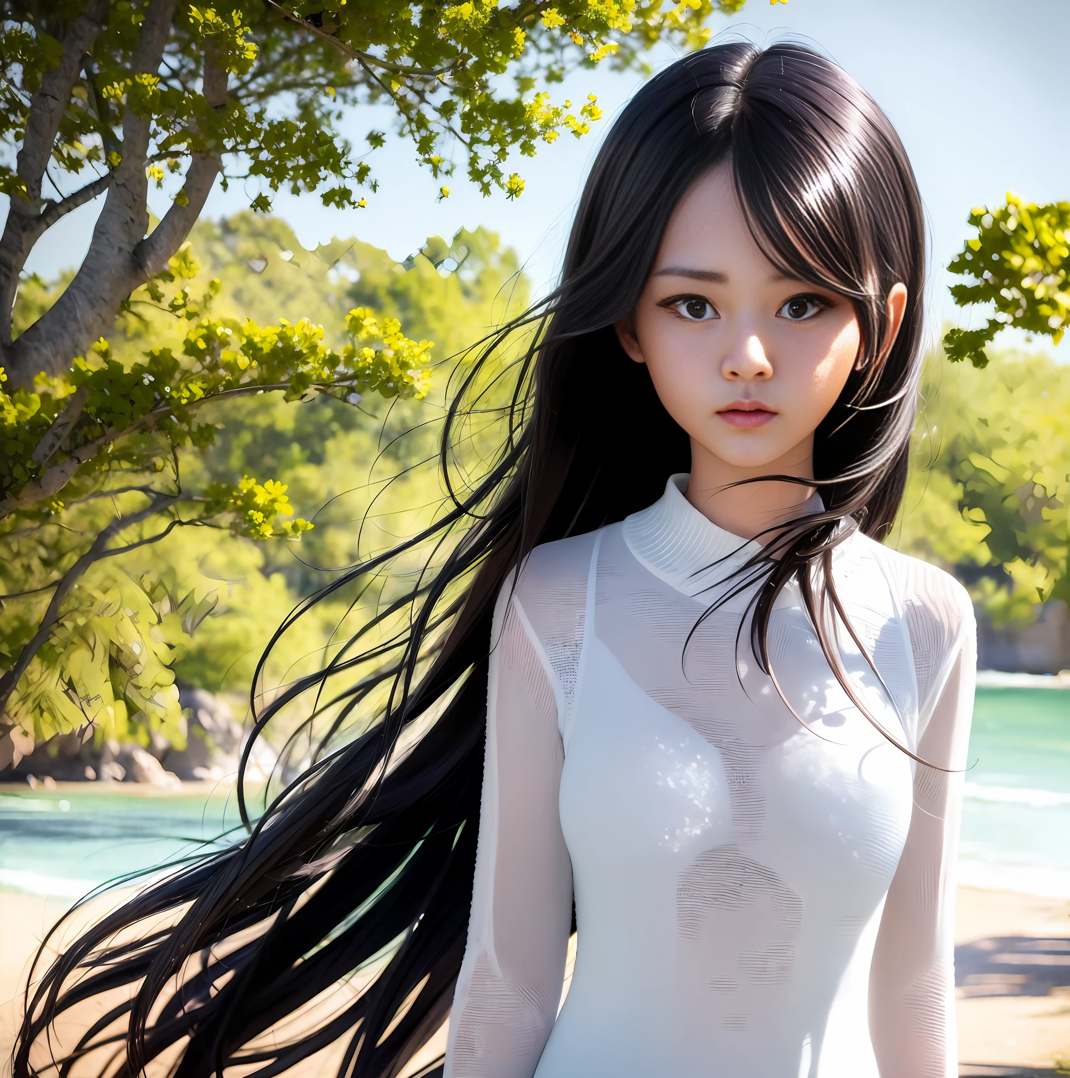 Japanese manga style beautiful girl with sexy figure, wearing white stockings, black hair, drooling and tears, painful expression, wearing a black swimsuit with a tattered swimsuit, legs open, in the woods