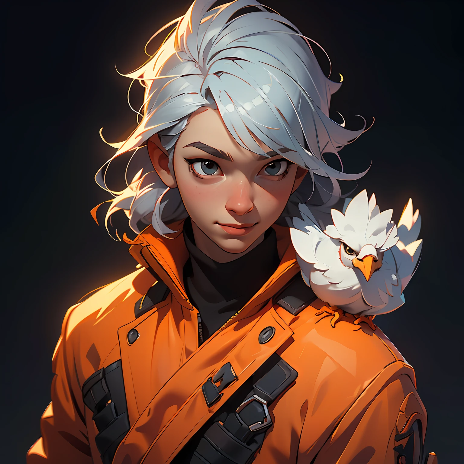 (8k, RAW photo, top quality, masterpiece: 1.2), (realistic, photoreal: 1.37), 1 boy, (Kpop idol), (charming chick), portrait, cute, cityscape, professional lighting, photon mapping, radiosity, physically based rendering, smile, pose, silver hair, bird cage, feathered coat, (chicken on head) (wearing bird costume)