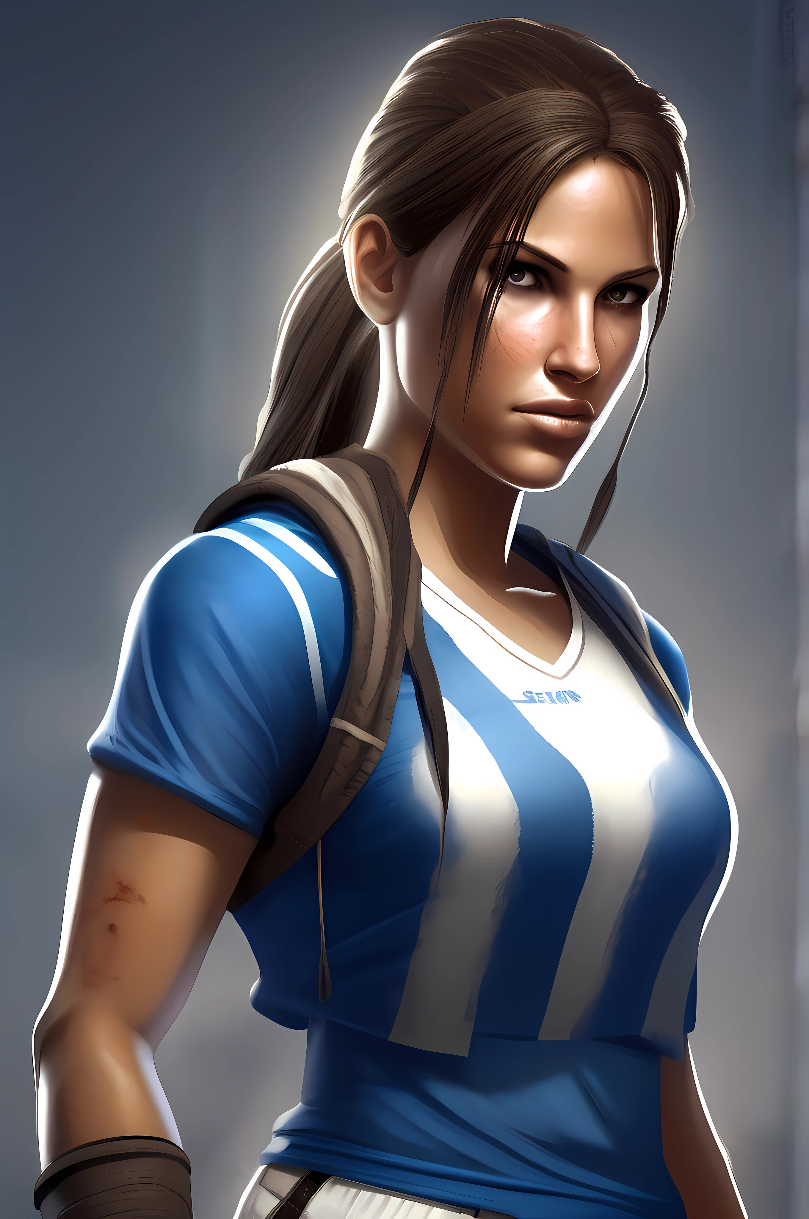 Lara croft from Tomb raider in football player clothes with blue and white colors