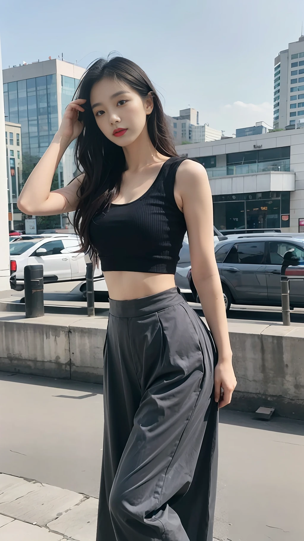 woman, perfect face , perfect eyes, perfect lips, Long wavy hair, gray toned, perfect hair, wearing black crop top, long skirt pants, extra bust, extra hands, extra legs, city standing, city detail, best model pose