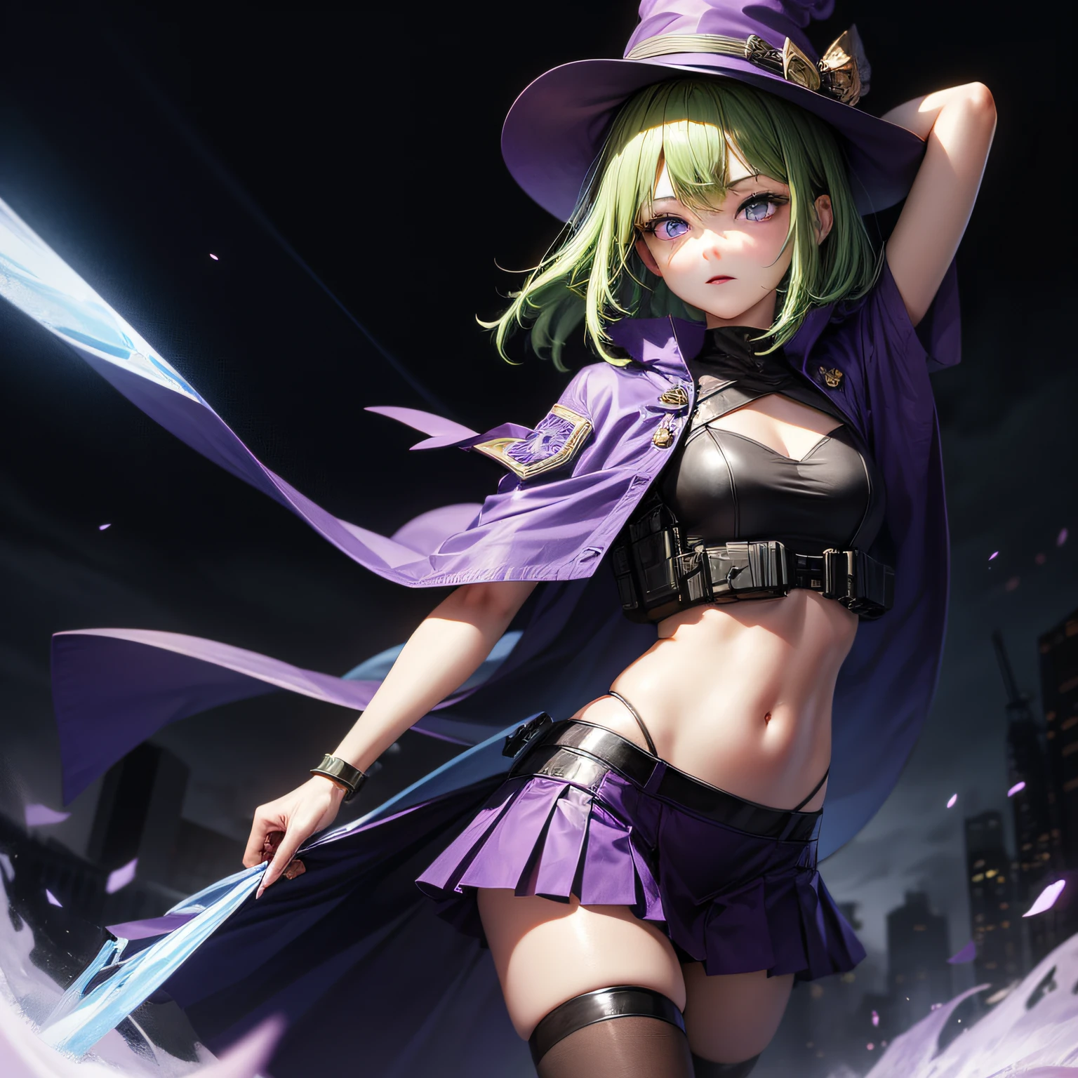 Top quality, very delicate and beautiful, ( girl), purple eyes, green hair, short hair, (purple pointy hat), one, tactical vest, short sleeves, purple skirt, purple wizard robe, navel