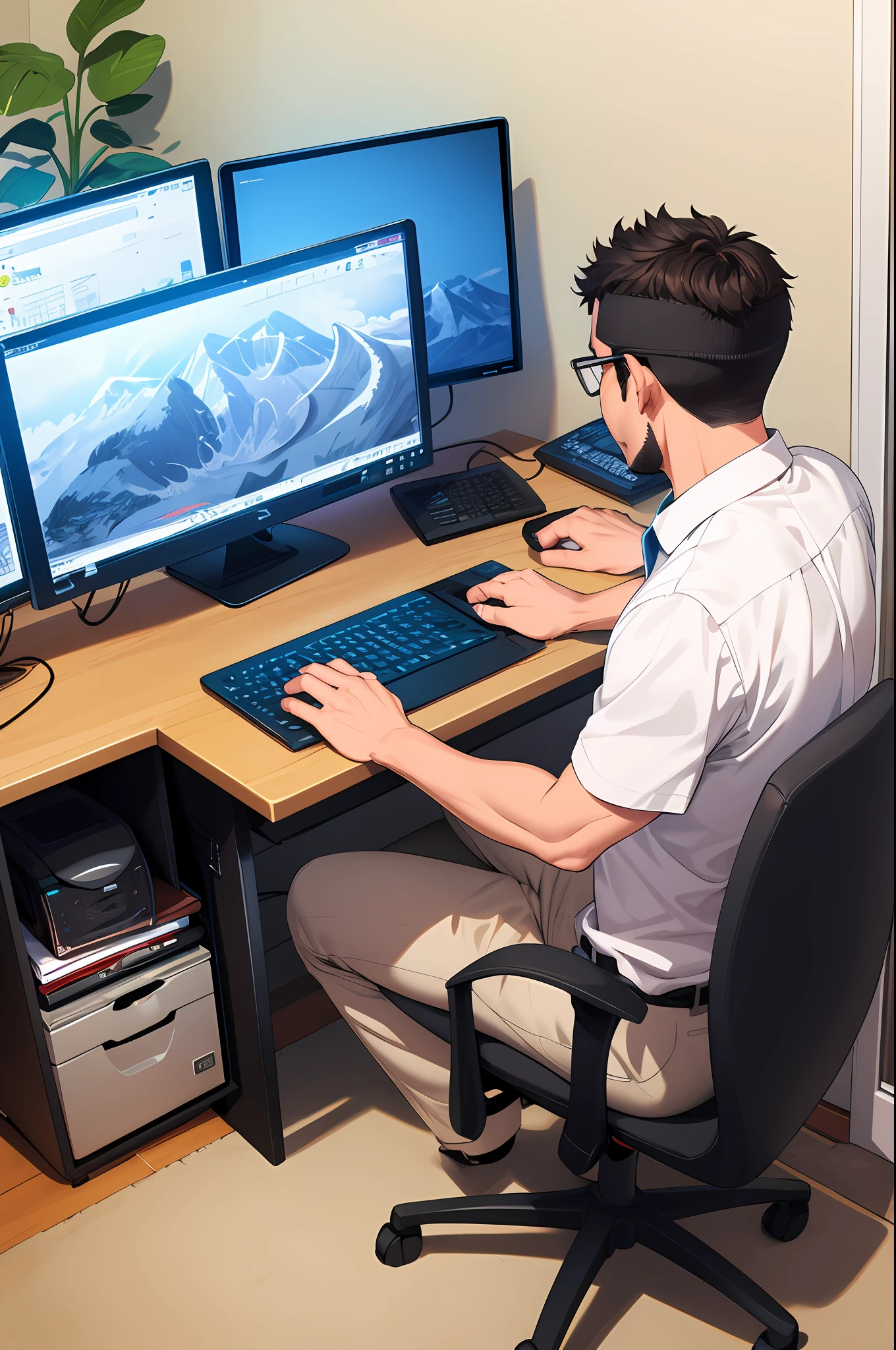 A man, working from home, computer, computer desk, back