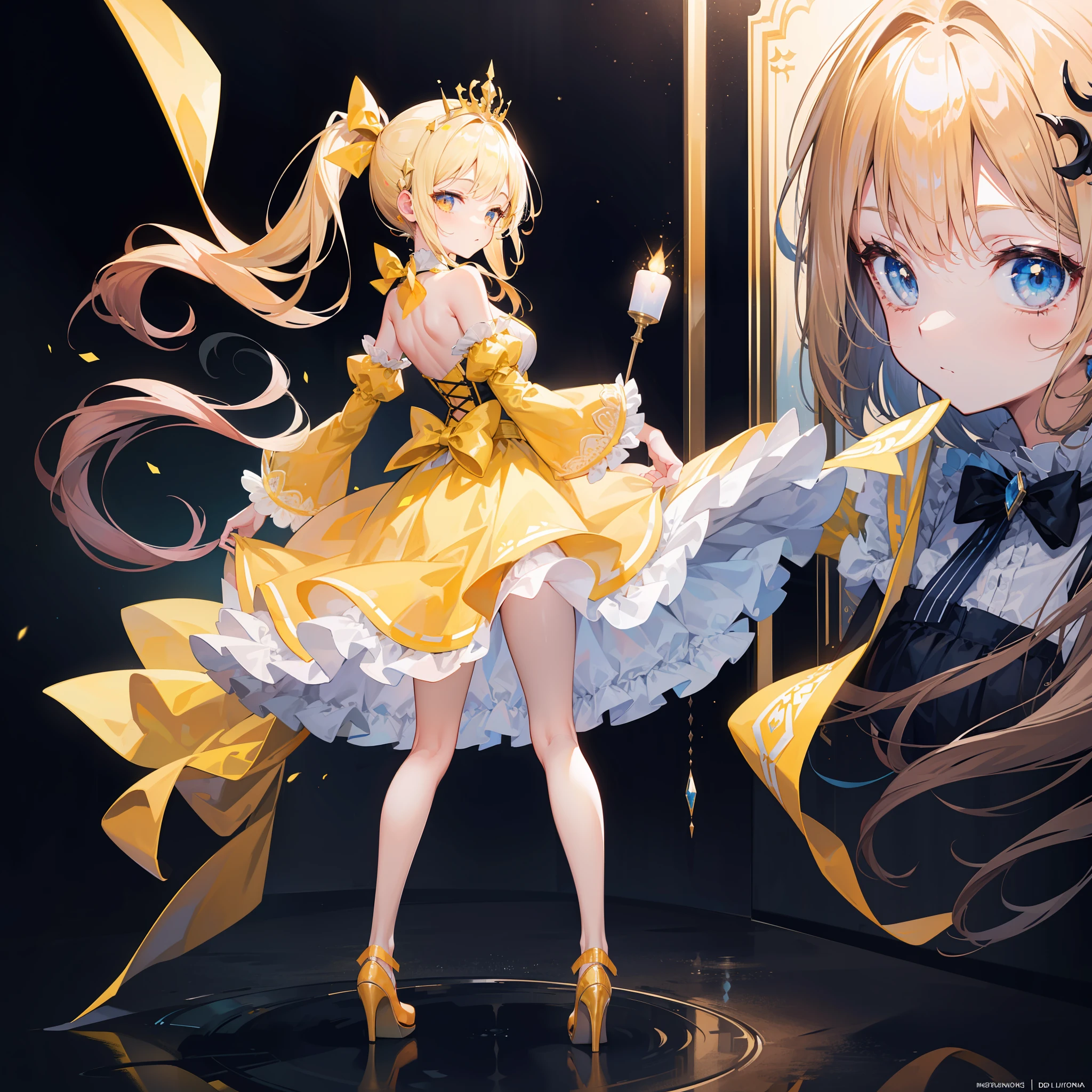 Masterpiece, best quality, (very detailed CG Unity 8k wallpaper) (best quality), (best illustration), (best shade) (full body picture), double ponytail loli, light blue princess dress, big bow back ornament, yellow tunic, top hat tiara, yellow haired girl, cute, cute