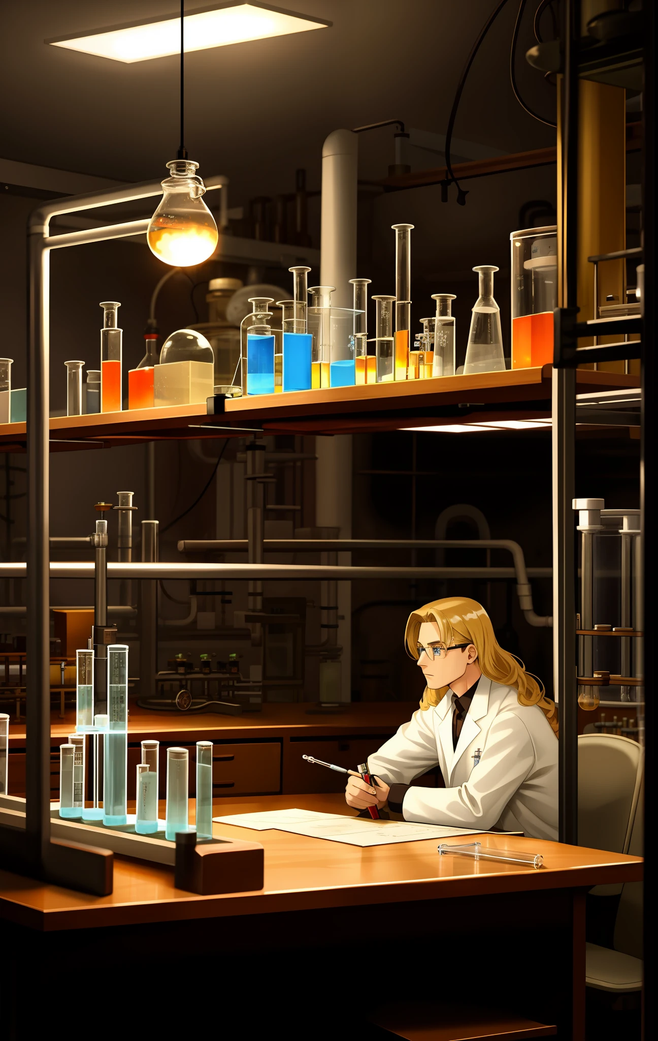 Scientist man big blonde hair, sitting in an old dark laboratory with four tables, with a vitrola, with laboratory utensils on the tables, concentrated, with a test tube in hand, 40's