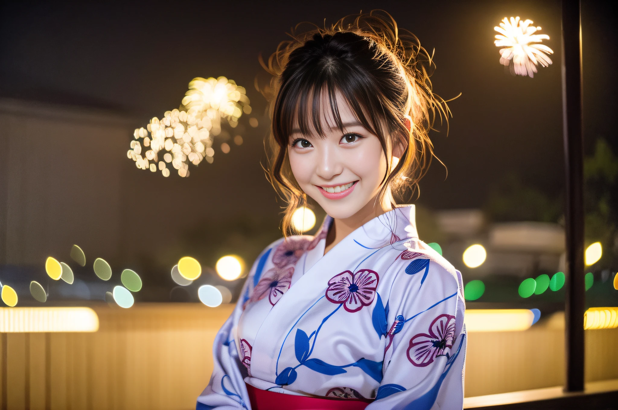 8K, very delicate and beautiful, very detailed eyes and face and skin, professional lighting, wonderful, port, (a large number of fireworks launched), full body shot, (one beautiful Japanese woman in the back looking at the fireworks, 25 years old, dumpling hair), symmetrical clear eyes, slim, piercing, (smile, happy: 1.3), night:1.8, Japanese traditional yukata:1.2,