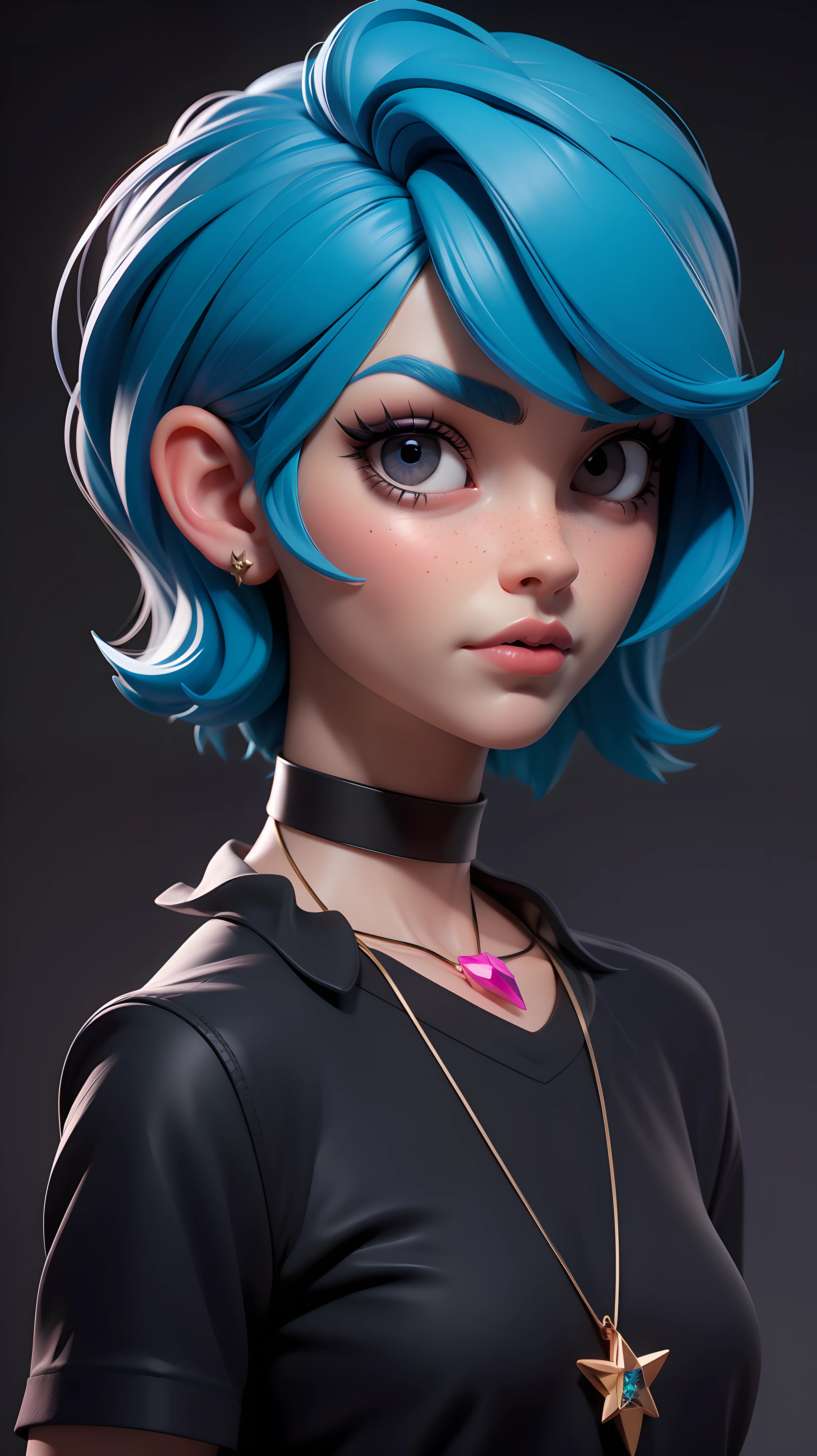 masterpiece, best quality,3d rending work ,3DMM style,close-up,portrait, 3D,1girl, solo, multicolored hair, blue hair, black hair, necklace, freckles, jewelry, two-tone hair, looking to the side, realistic, upper body, simple background, bangs, looking away, short hair, parted lips, black eyes, lips, gothic, choker, makeup, mole, black shirt, shirt, watermark