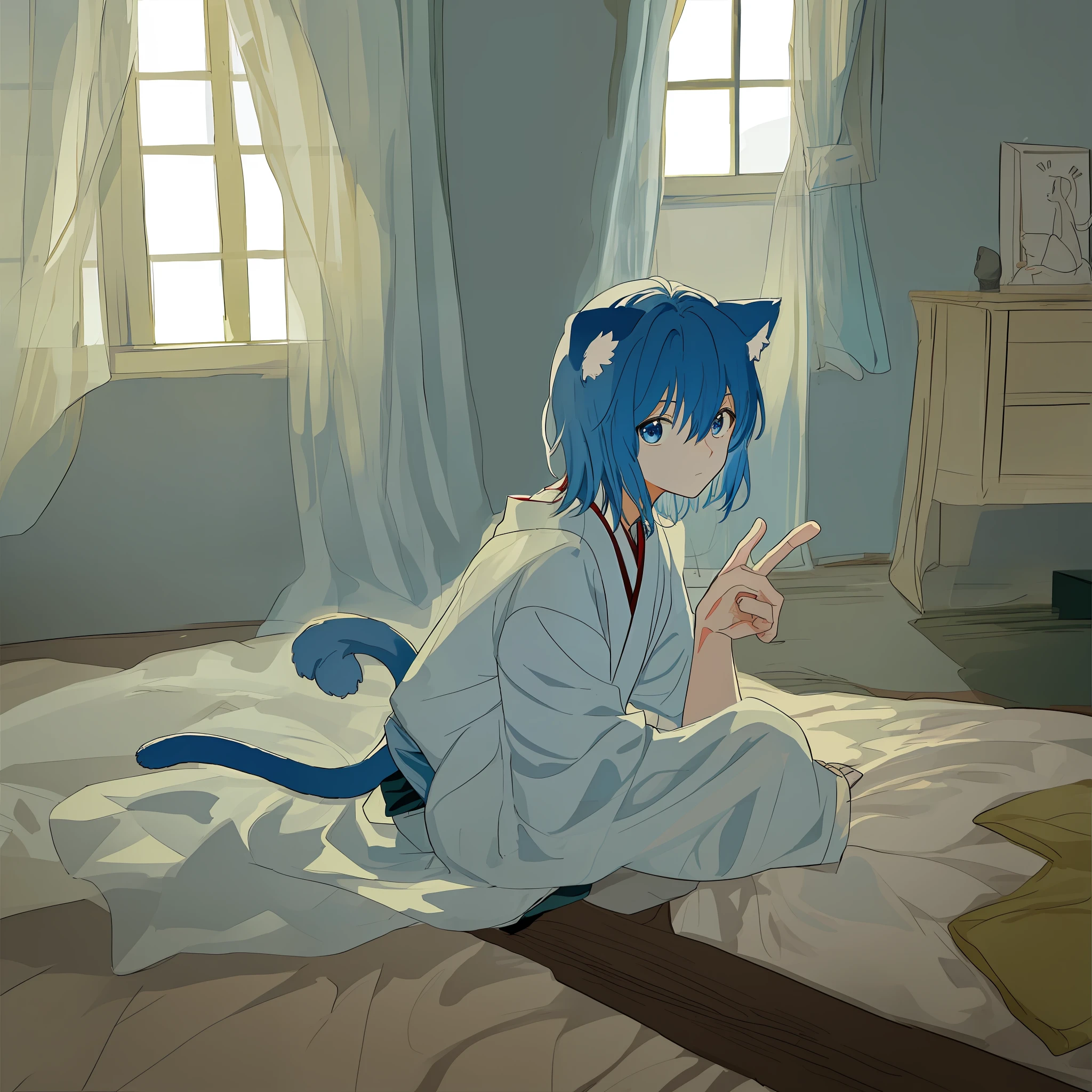 High detail, bedroom, shy, natural light, light blue tone, man station 3/4, Japanese anime style, cute boy in white clothes with blue hair, two cat ears and a cat's tail
