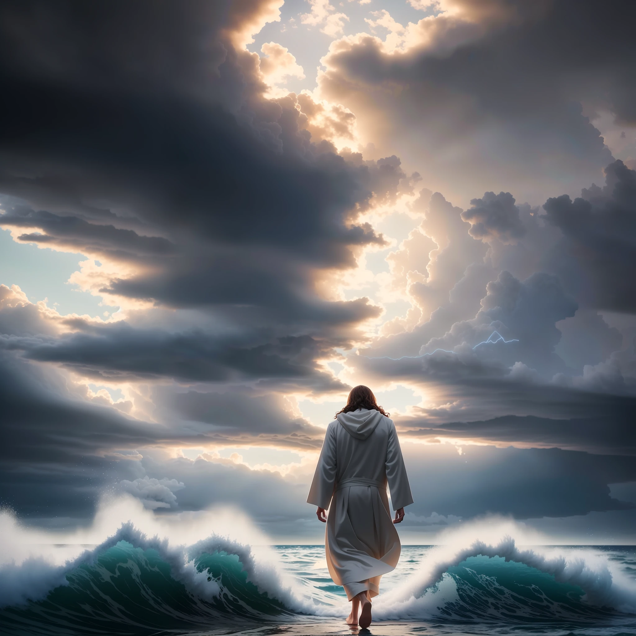 jesus walking on water in a storm, masterpiece, best quality, high quality, extremely detailed CG unit 8k wallpaper, award winning photography, Bokeh, Depth of Field, HDR, bloom, Chromatic aberration, photorealistic, extremely detailed, trending on artstation, trending on CGsociety, intricate, high detail, dramatic, mid-journey art, volumetric lighting