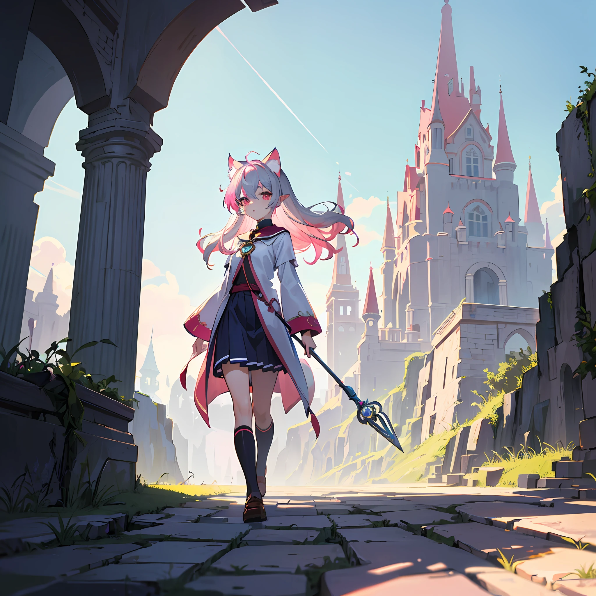 High Resolution: 1.7, Incredibly Ridiculous, Cute: 1, Cute: 1.5, Hires.fix: 1.5, Anime Visuals: 1, Incredibly Fine Illustrations, Crystal Clear White Skin, Sensual, Full Body, One Girl, Junior High School Student, (((14 years old)), Fantasy World, Fantasy Voiced, Cat-Eared Girl, Walking the Road, holding Wizard's Wand, High angle, fantastic buildings, silver hair with pink hair, cute chic adventurer's clothes, cliff location