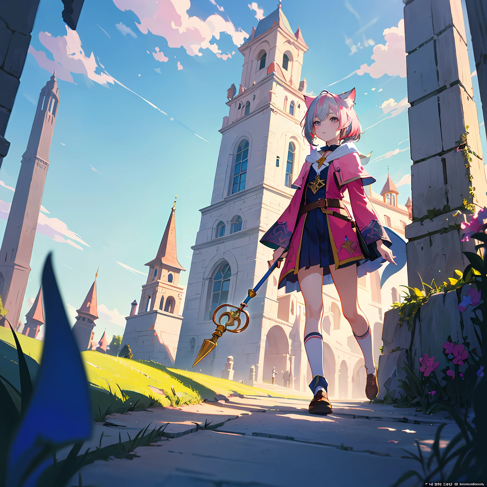 High Resolution: 1.7, Incredibly Ridiculous, Cute: 1, Cute: 1.5, Hires.fix: 1.5, Anime Visuals: 1, Incredibly Fine Illustrations, Crystal Clear White Skin, Sensual, Full Body, One Girl, Junior High School Student, (((14 years old)), Fantasy World, Fantasy Voiced, Cat-Eared Girl, Walking the Road, holding Wizard's Wand, High angle, fantastic buildings, silver hair with pink hair, cute chic adventurer's clothes, cliff location