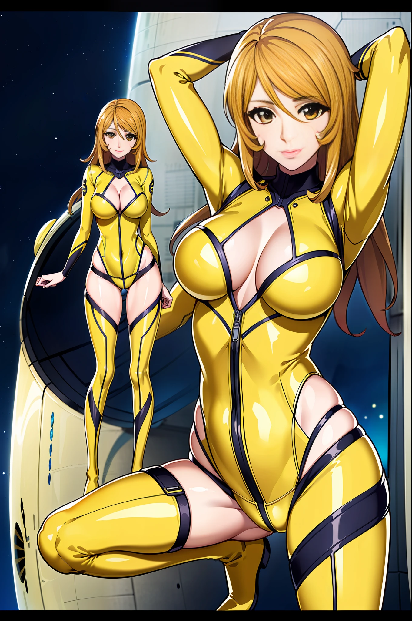 8K, 1girl, spaceship, bodysuit, cleavage, night, galaxy, space, huge breasts, ((arms behind the head)), watch the viewer, , solo focus, (masterpiece: 1.4), (best quality: 1.4), (shiny skin), steamed body, (((M-shaped open legs)), (high leg)), (bare feet)))), (yellow knee-length enamel pin heel boots))), (squatting on the ground)), ( (((crotch wide open left and right))), (((face the front of the body to the viewer)))), ((crotch wide open left and right for the viewer))),