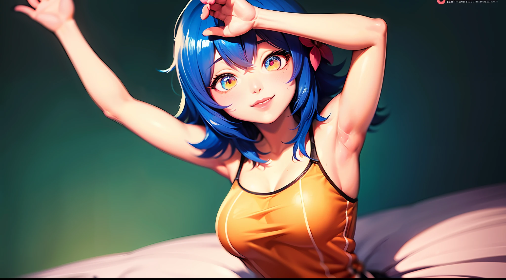 (Ultra Real), (Illustration), (High Resolution), (8K), (Very Detailed), (Best Illustration), (Beautiful Detailed Eyes), (Best Quality), (Ultra Detailed), (Masterpiece), (Nekko Wallpaper), (Detailed Face), Bed, Top Body Up, Short Hair, Blue Hair, Pink Flower, Armpits, Smiles, Lump, Solo, Simple White Top Tank Top Girl, Sweaty, Japan Person, Big,
