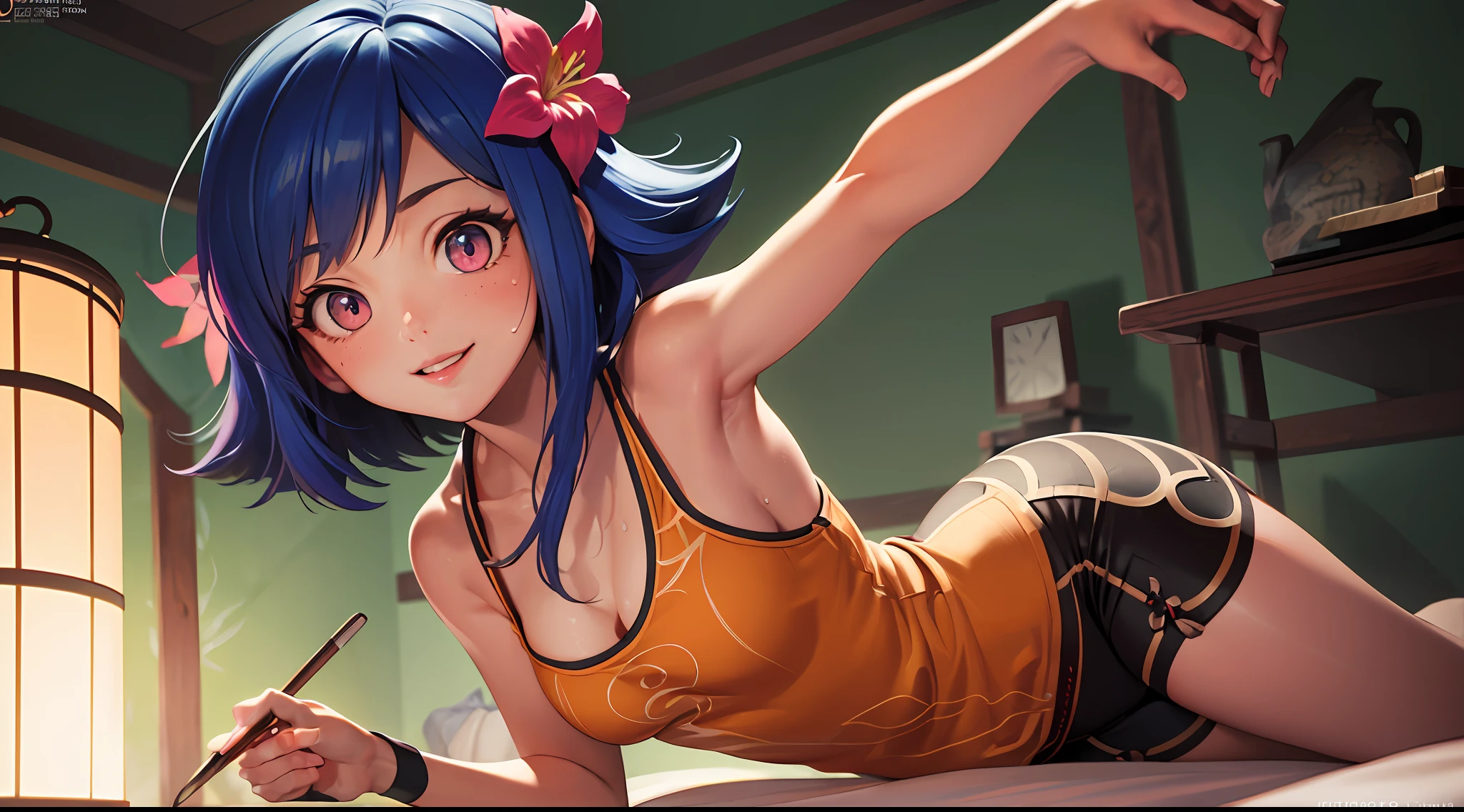 (Ultra Real), (Illustration), (High Resolution), (8K), (Very Detailed), (Best Illustration), (Beautiful Detailed Eyes), (Best Quality), (Ultra Detailed), (Masterpiece), (Nekko Wallpaper), (Detailed Face), Bed, Top Body Up, Short Hair, Blue Hair, Pink Flower, Armpits, Smiles, Lump, Solo, Simple White Top Tank Top Girl, Sweaty, Japan Person, Big,