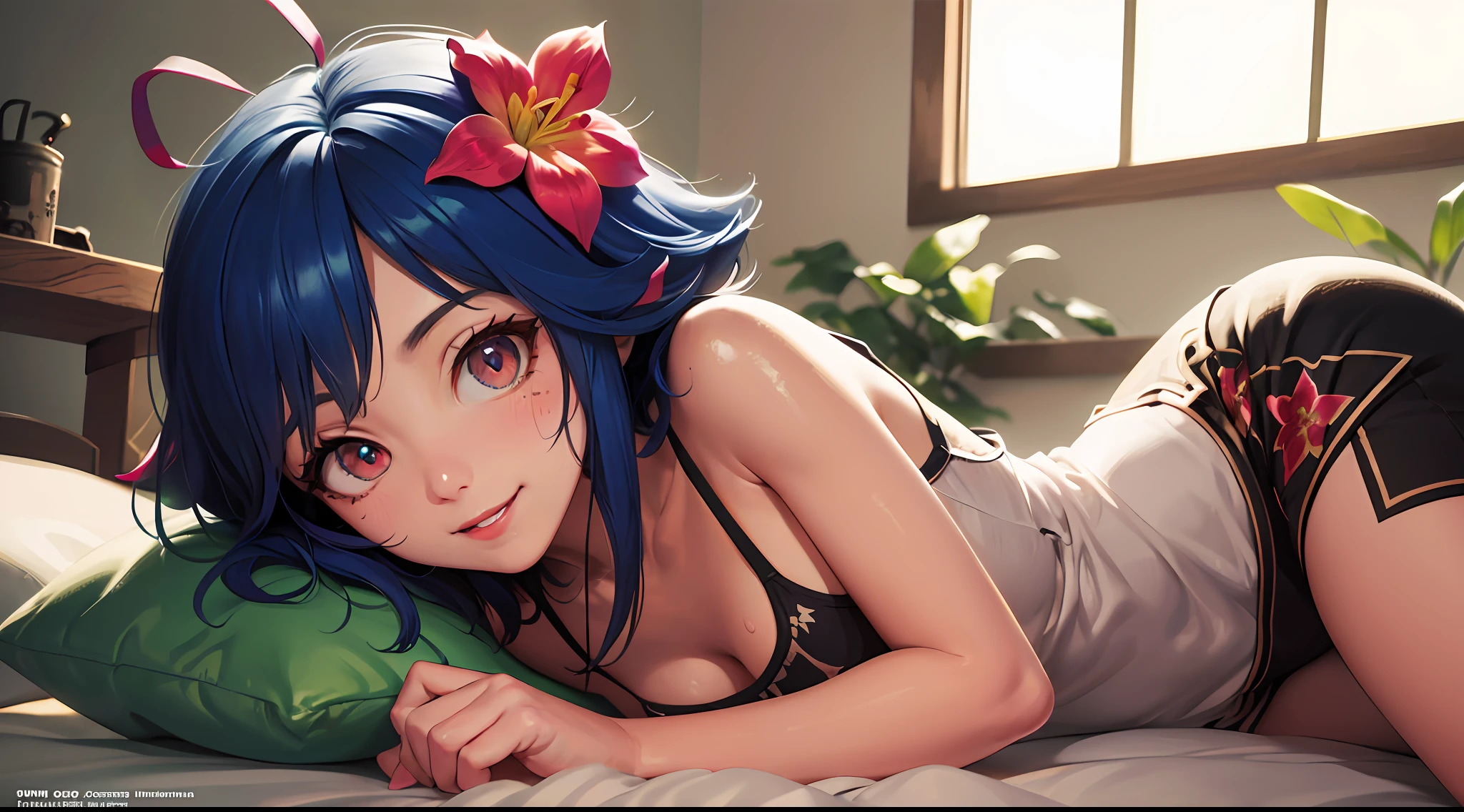 (Ultra Real), (Illustration), (High Resolution), (8K), (Very Detailed), (Best Illustration), (Beautiful Detailed Eyes), (Best Quality), (Ultra Detailed), (Masterpiece), (Nekko Wallpaper), (Detailed Face), Bed, Top Body Up, Short Hair, Blue Hair, Pink Flower, Armpits, Smiles, Lump, Solo, Simple White Top Tank Top Girl, Sweaty, Japan Person, Big,