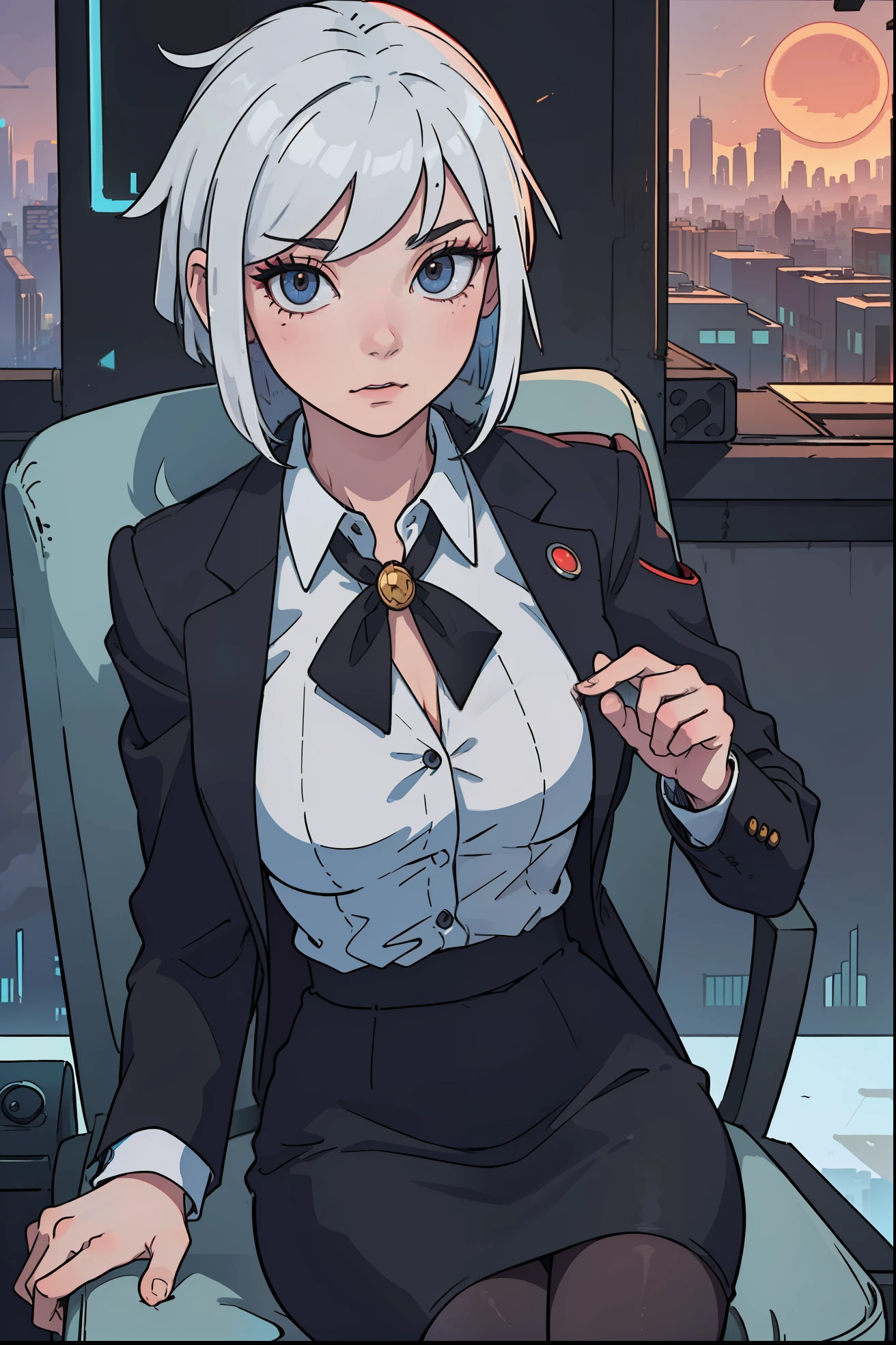 (masterpiece:1.3), (8k, photorealistic, RAW photo, best quality: 1.4), (1girl), beautiful face, (realistic face), Nice hairstyle，Realistic Eyes，Nice detail eyes，（Realistic Skin），Beautiful Skin，Ridiculous，attractive，Ultra high Resolution，an ultra realistic，RAWExtremely detailed，golden proportions, Woman wearing business outfit, formal blazer, white blouse, high waist business skirt, sheer pantyhose, beautiful, masterpiece, best quality, perfect lighting, (white hair:1.4), long hair, (grey eyes:1.2), slender build, thin, medium breasts, business woman, ceo, sitting in luxurious black office chair, giant modern window with view of dusk cyberpunk city skyline in background, close up, dusk, (cyberpunk city background:1.3), (Hazy sky:1.2), (Dim red sun:1.3), eyelashes, dark eyeliner, cyberpunk