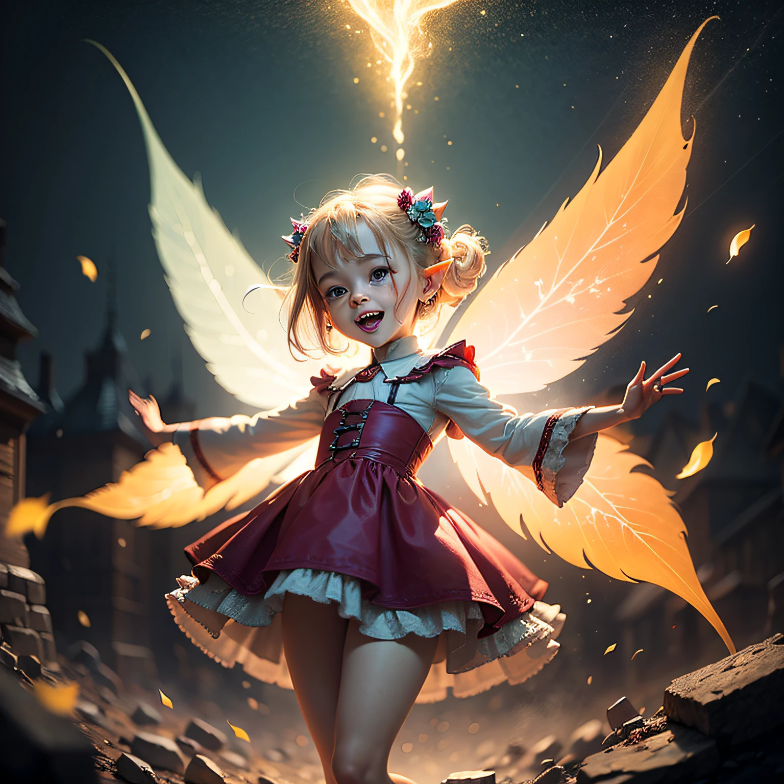 Paint a scene of the fairy Lola in the midst of one of her antics. She may be flying around a person, making funny things happen. Use bright colors to highlight the energy and joy of the mischievous fairy. Make infantilized iustrations --auto