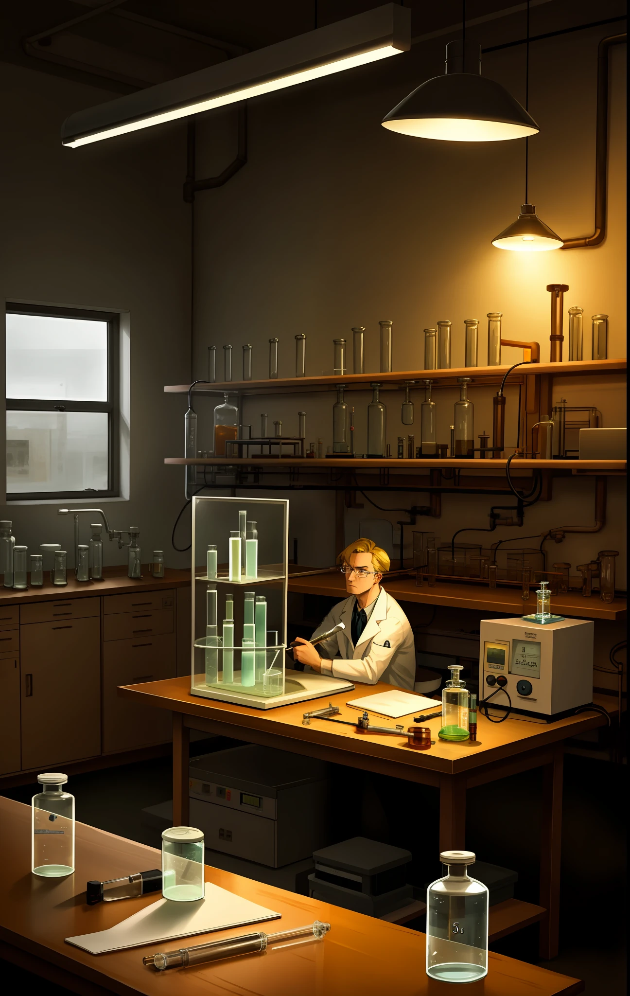 Scientist man big blonde hair, sitting in an old dark laboratory with four tables, with a vitrola, with laboratory utensils on the tables, concentrated, with a test tube in hand, 40's, grumpy