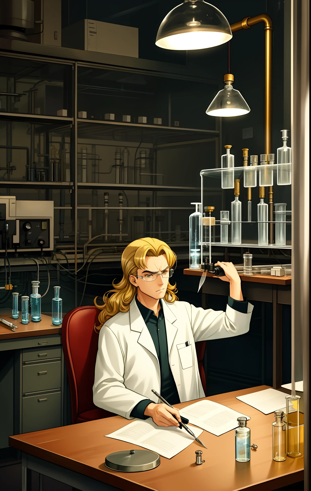 Scientist man big blonde hair, sitting in an old dark laboratory with four tables, with a vitrola, with laboratory utensils on the tables, concentrated, with a test tube in hand, 40's, grumpy