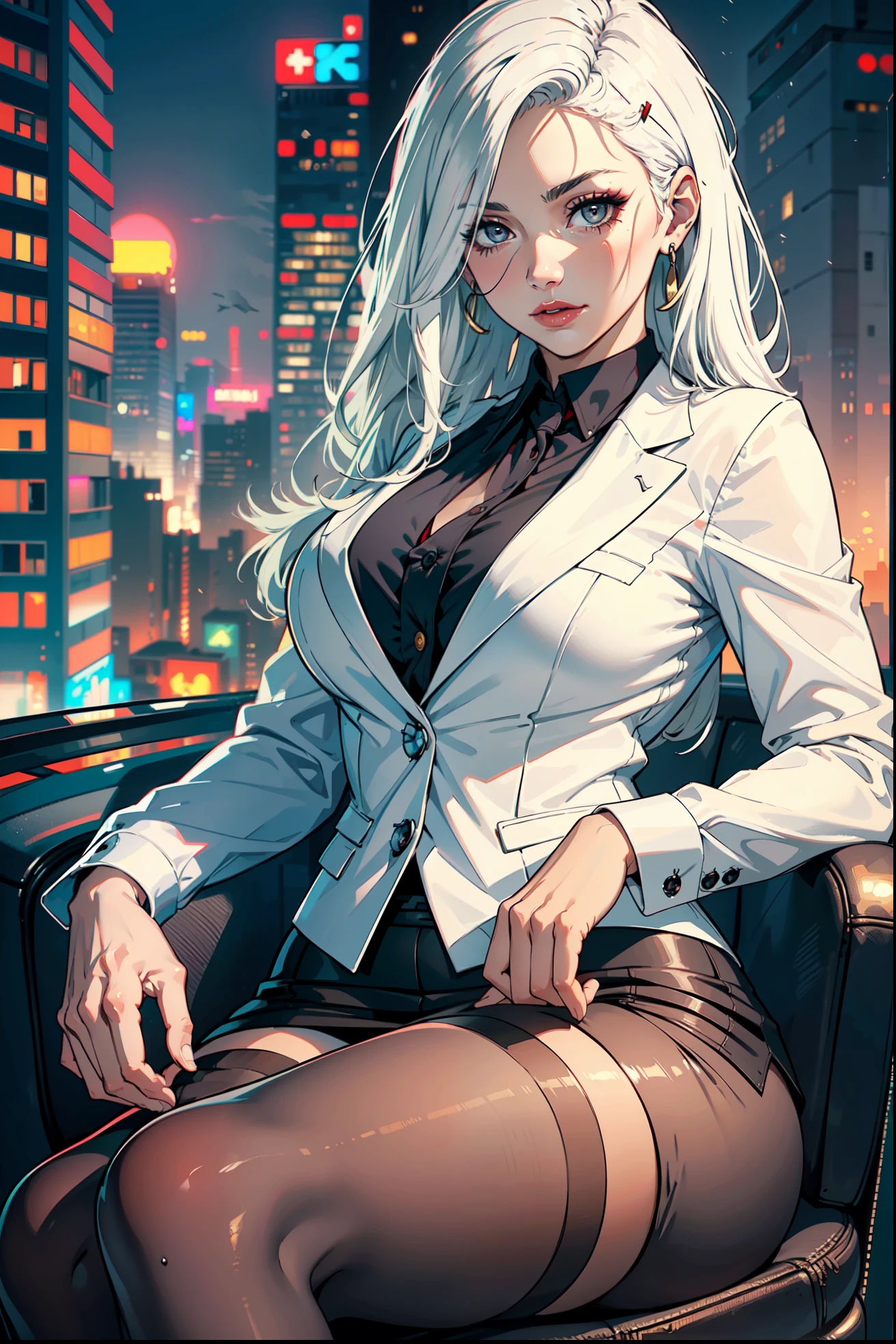 (masterpiece:1.3), (8k, photorealistic, RAW photo, best quality: 1.4), (1girl), beautiful face, (realistic face), Nice hairstyle,Realistic Eyes,Nice detail eyes,(Realistic Skin),Beautiful Skin,Ridiculous,attractive,Ultra high Resolution,an ultra realistic,RAWExtremely detailed,golden proportions, Woman wearing business outfit, formal blazer, white blouse, high waist business skirt, sheer pantyhose, beautiful, masterpiece, best quality, perfect lighting, (white hair:1.4), long hair, (grey eyes:1.2), slender build, thin, medium breasts, business woman, ceo, sitting in luxurious black office chair, giant modern window with view of dusk cyberpunk city skyline in background, close up, dusk, (cyberpunk city background:1.3), (Hazy sky:1.2), (Dim red sun:1.3), eyelashes, dark eyeliner, cyberpunk