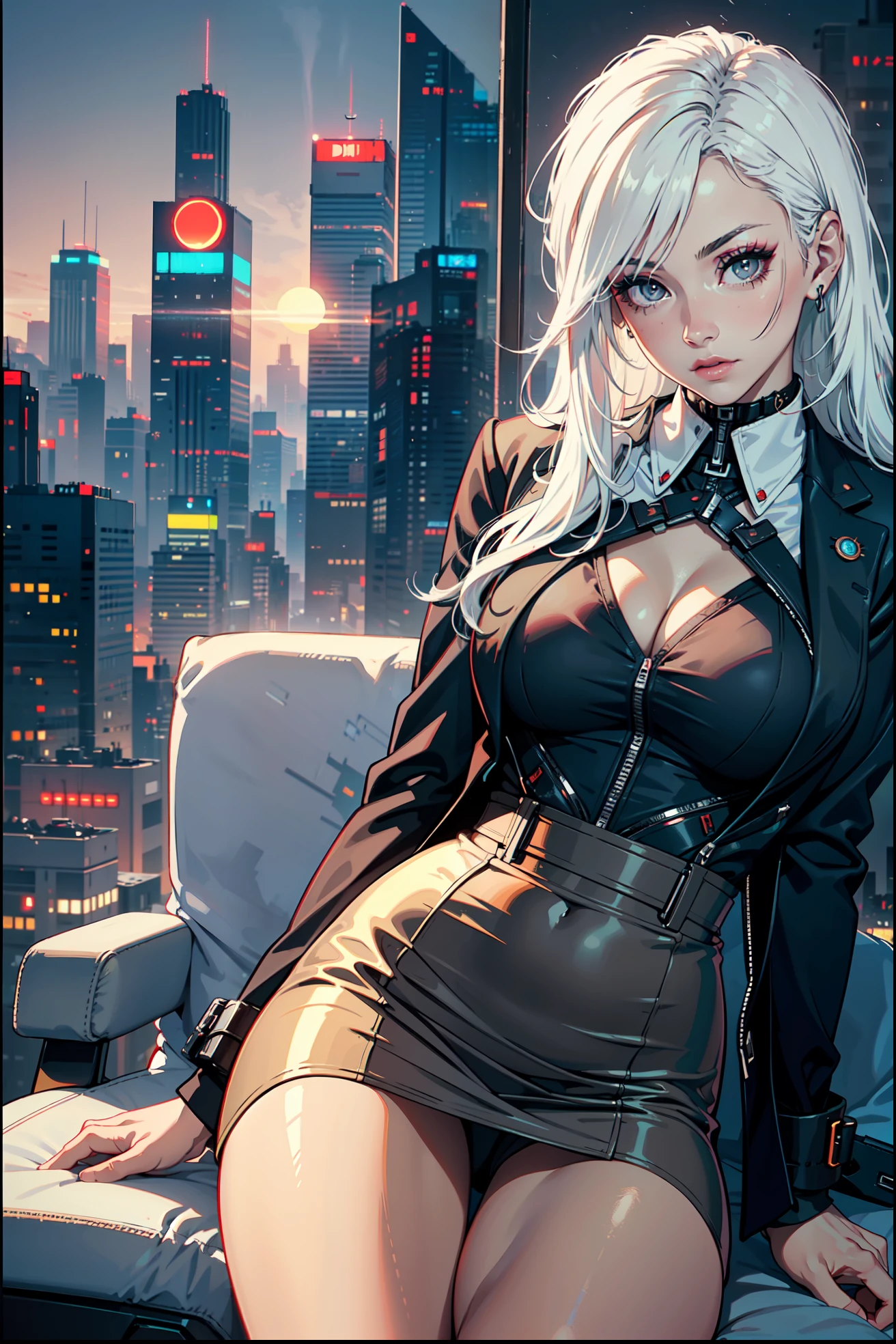 (masterpiece:1.3), (8k, photorealistic, RAW photo, best quality: 1.4), (1girl), beautiful face, (realistic face), Nice hairstyle，Realistic Eyes，Nice detail eyes，（Realistic Skin），Beautiful Skin，Ridiculous，attractive，Ultra high Resolution，an ultra realistic，RAWExtremely detailed，golden proportions, Woman wearing business outfit, formal blazer, white blouse, high waist business skirt, sheer pantyhose, beautiful, masterpiece, best quality, perfect lighting, (white hair:1.4), long hair, (grey eyes:1.2), slender build, thin, medium breasts, business woman, ceo, sitting in luxurious black office chair, giant modern window with view of dusk cyberpunk city skyline in background, close up, dusk, (cyberpunk city background:1.3), (Hazy sky:1.2), (Dim red sun:1.3), eyelashes, dark eyeliner, cyberpunk