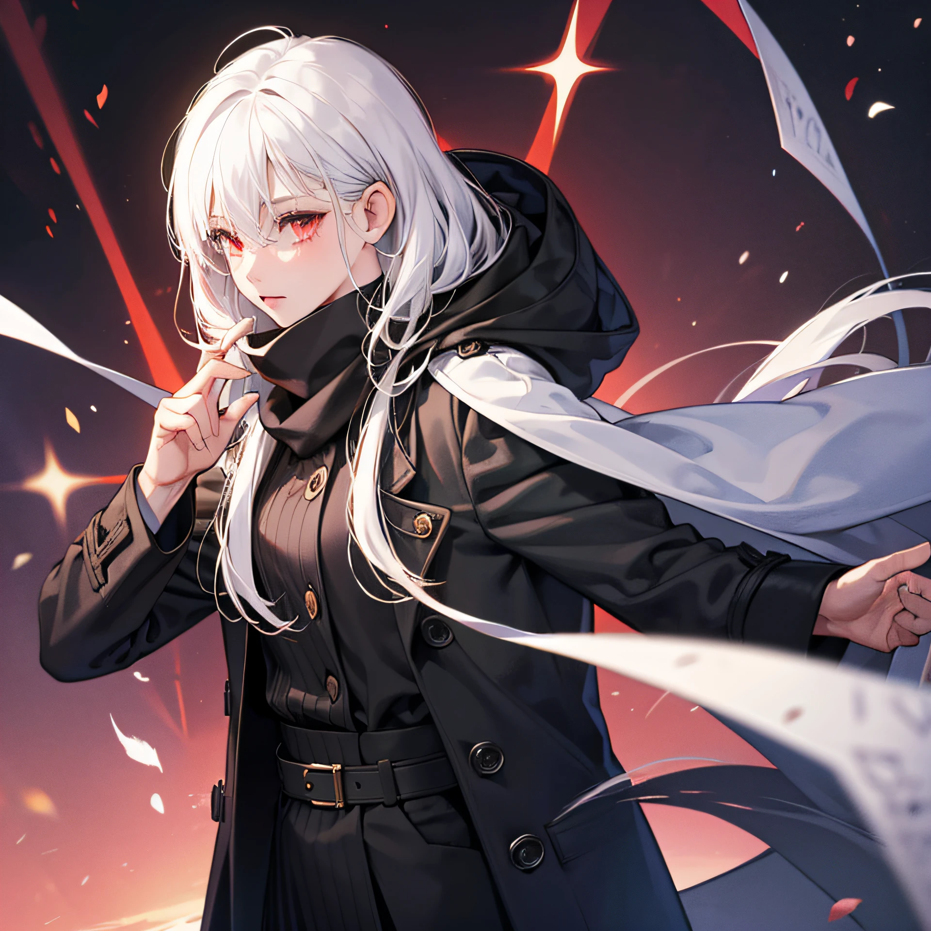 Girl, white hair, red eyes, black blouse, overcoat with hood and a scarf --auto