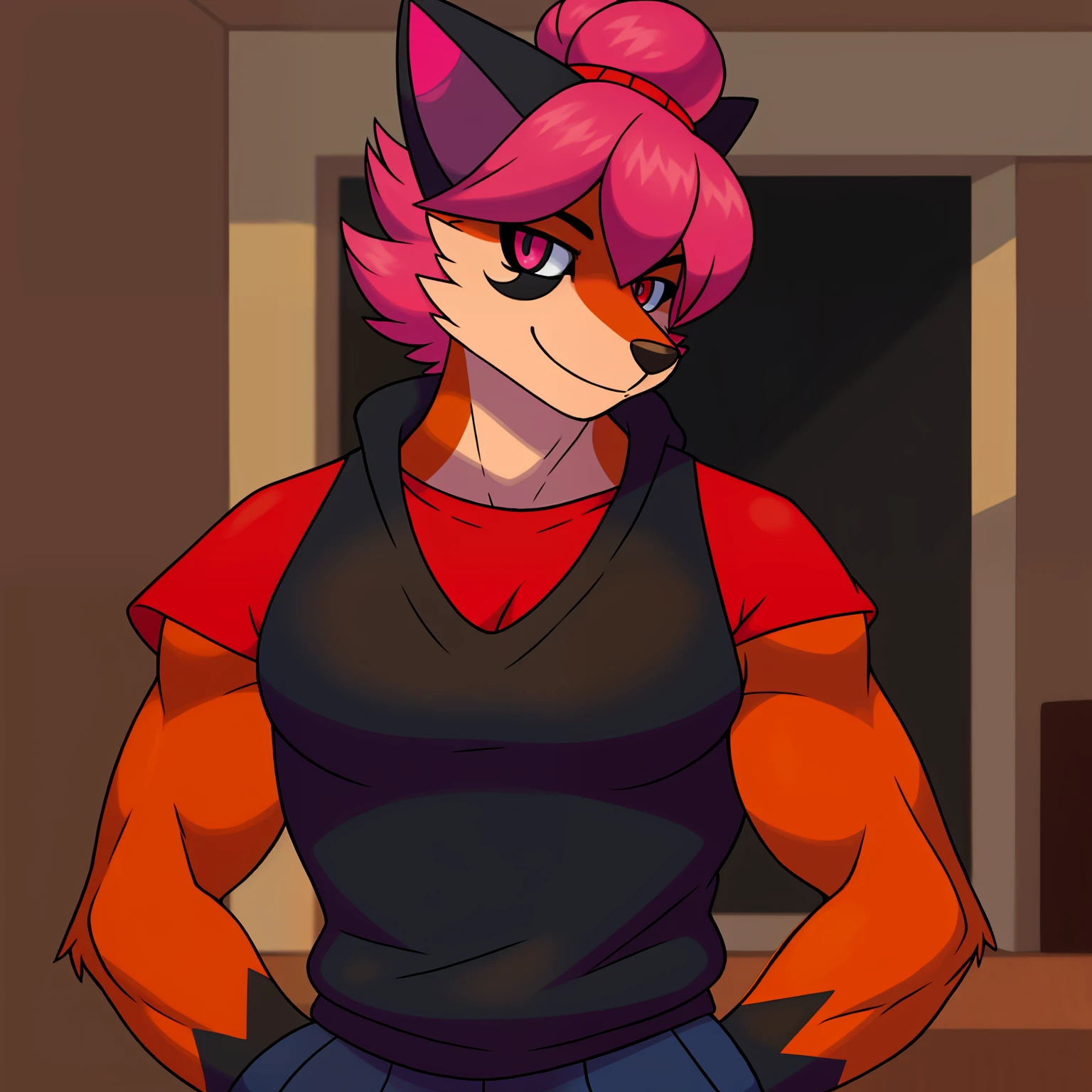 Hairy fox, orange red body skin, black colored sleeveless arm sweatshirt and V collar and a red po t-shirt underneath, red t-shirt under sweatshirt, man, skinny, big thighs, black shorts, brand making a tip in the eyes, black makeup, big topknot with pink tips, big hair with pink tips, red left eye,  right black eye, wearing 2 clothes, dark ear, syrup with dark tip, thin, pink ear, heterochromia, stuck out