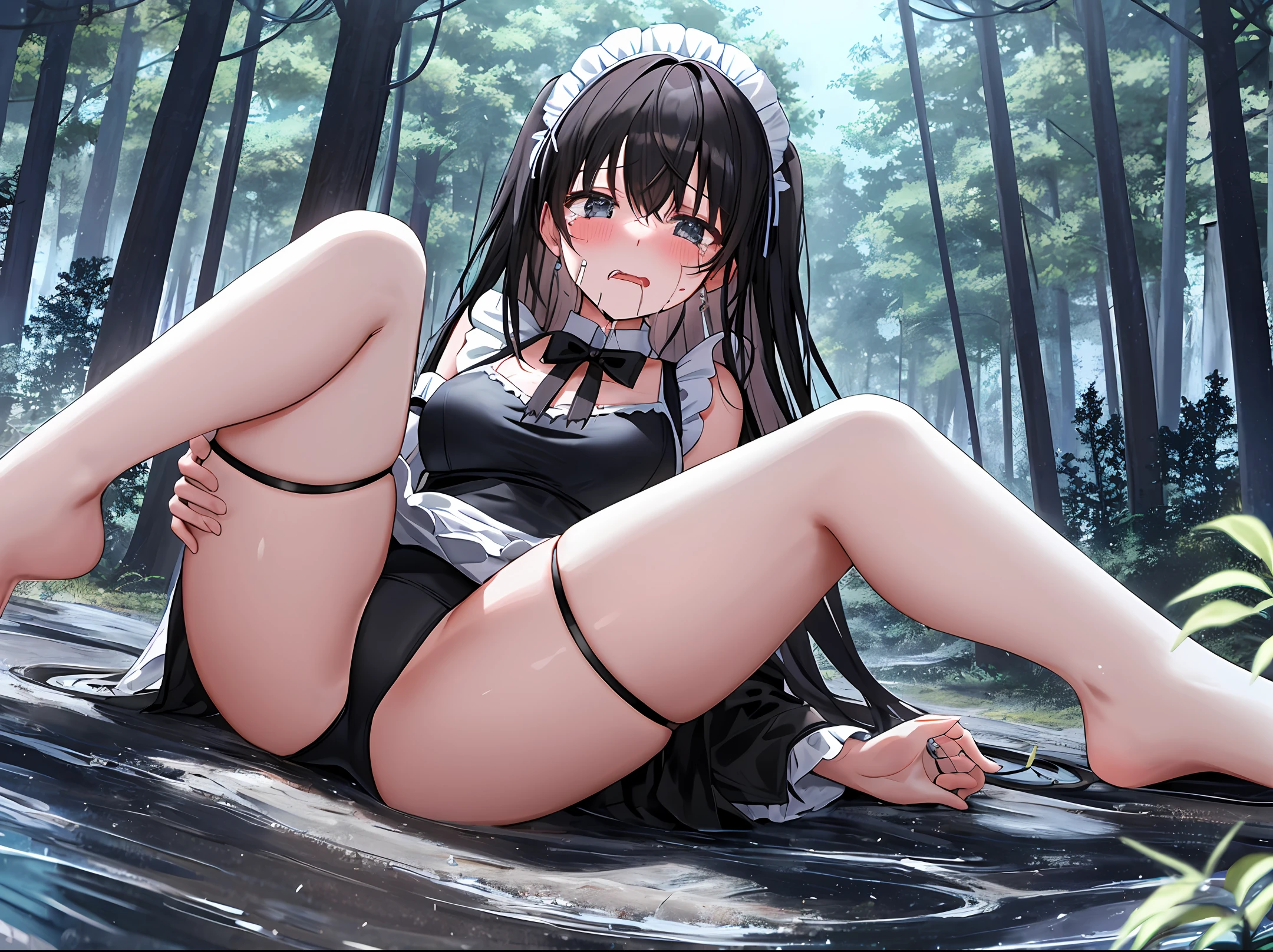 Magical maid in the forest, black swimsuit, open legs, white liquid on the inner thighs, bare feet, wearing black stockings, drooling, tears, painful expression