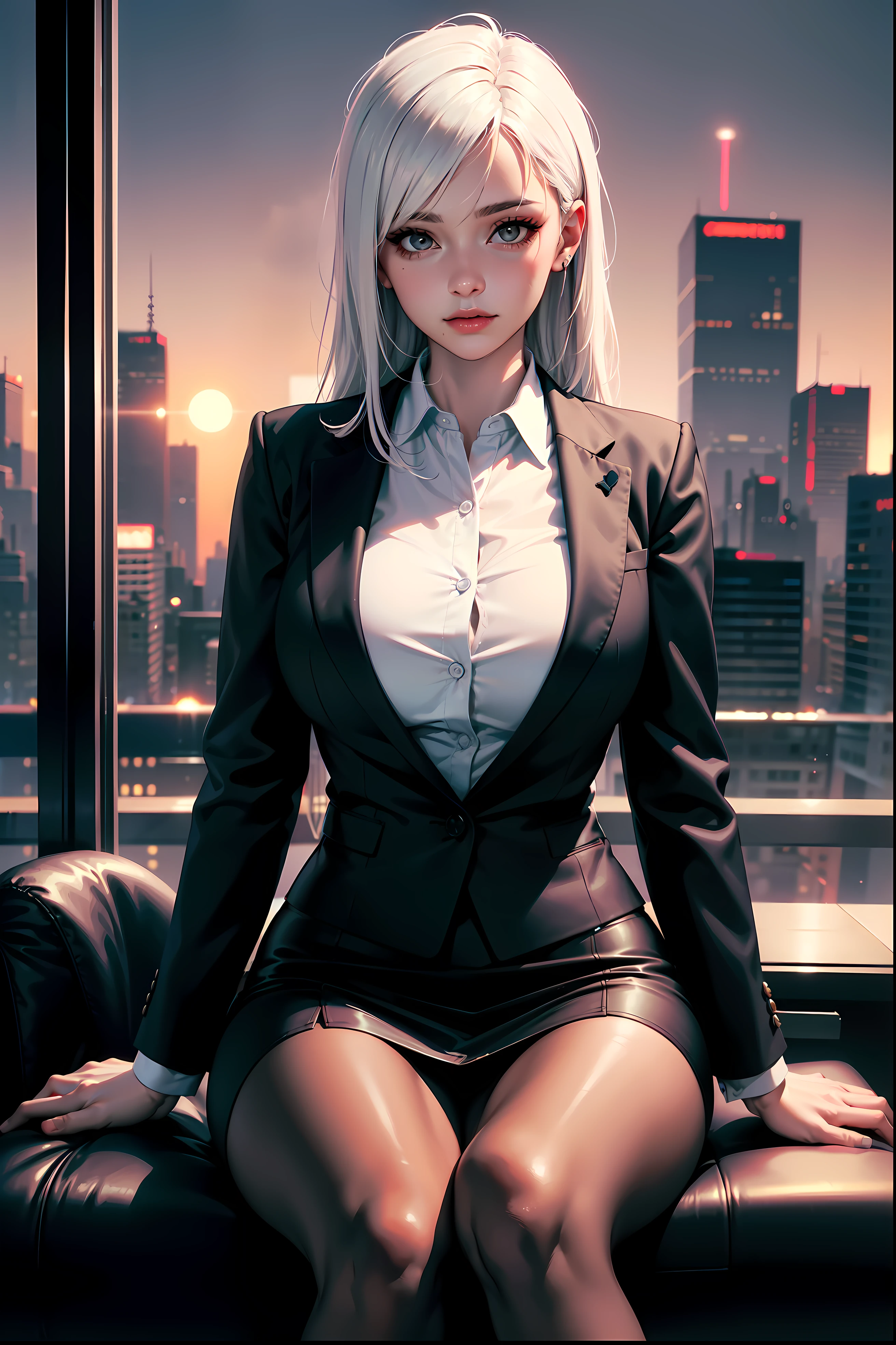 (masterpiece:1.3), (8k, photorealistic, RAW photo, best quality: 1.4), (1girl), beautiful face, (realistic face), Nice hairstyle,Realistic Eyes,Nice detail eyes,(Realistic Skin),Beautiful Skin,Ridiculous,attractive,Ultra high Resolution,an ultra realistic,RAWExtremely detailed,golden proportions, Woman wearing business outfit, formal blazer, white blouse, high waist business skirt, sheer pantyhose, beautiful, masterpiece, best quality, perfect lighting, (white hair:1.4), long hair, (grey eyes:1.2), slender build, thin, medium breasts, business woman, ceo, sitting in luxurious black office chair, giant modern window with view of dusk cyberpunk city skyline in background, close up, dusk, (cyberpunk city background:1.3), (Hazy sky:1.2), (Dim red sun:1.3), eyelashes, dark eyeliner, cyberpunk
