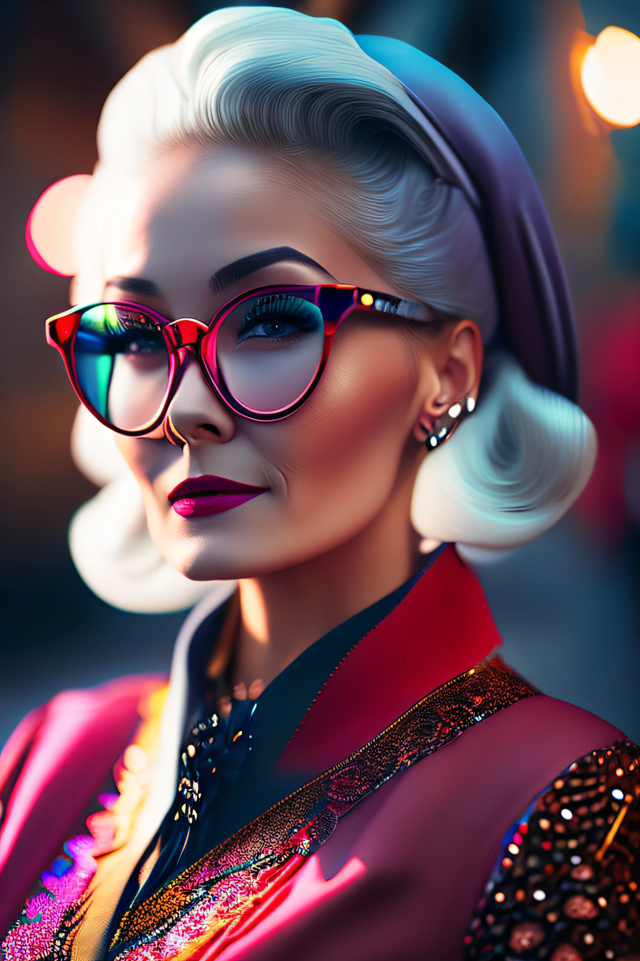 (fashionista portrait WOMAN WITH 70 YEARS, 1950s with intricate colorful modern bright vintage colored glasses), hair with colorful flowers, expression would be, (extremely detailed digital photography: 1.2), standing in the middle of the city, ((((full body)))), raw image,, Hasselblad, 50asa, f8, 12mm, glow effects, godrays, hand drawn, render, 8k, octane render, cinema 4d, blender, dark, atmospheric 4k ultra detailed, sensual cinematic, sharp focus, very serious illustration great depth of field, masterpiece, colors, 3d octane rendering, 4k, concept art, trend in artstation, hyperrealistic, vivid colors, rim light, extremely detailed CG 8k wallpaper unit, trend in ArtStation, trend in CGSociety, Pop Art style by Yayoi Kusama, Intricate, High Detail, dramatic, pure energy, light particles, sci-fi