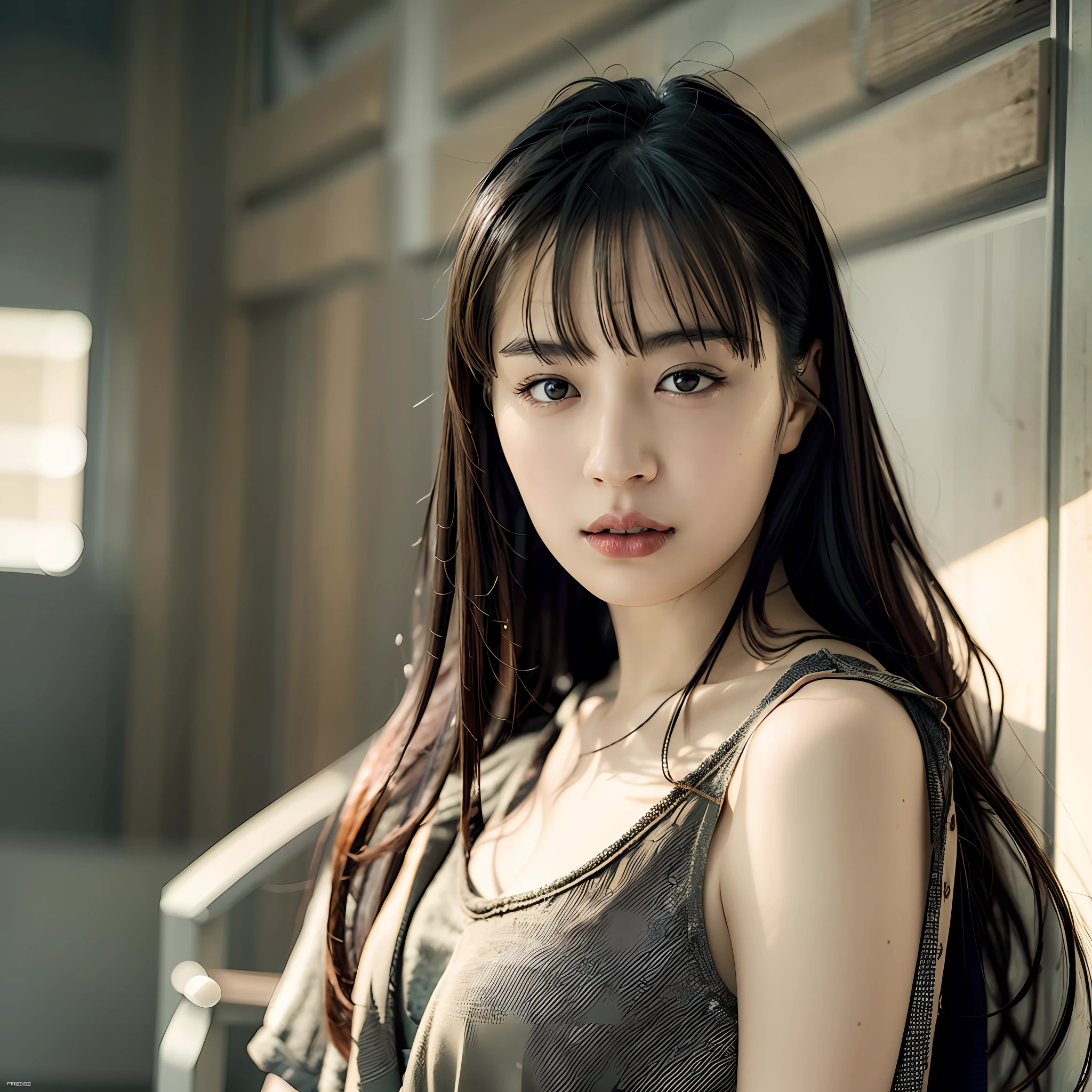 Top quality, masterpiece, ultra high resolution, (photorealistic: 1.4), raw photo, 1 girl, dark hair, shiny skin, detailed eyes, dramatic lighting, attractive rendition, long bangs, cleanliness,