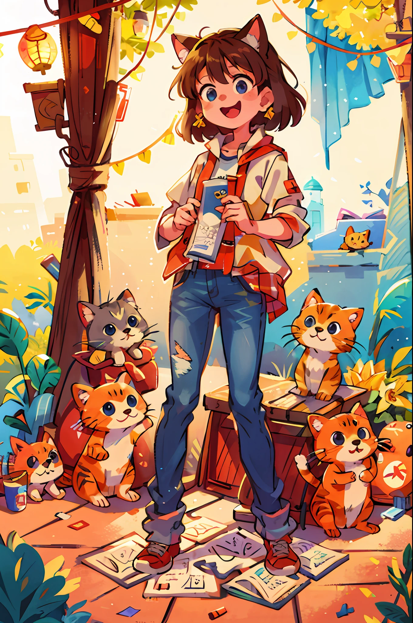 Ultra-wide lens, best quality, high resolution, clear images, (many (detailed) kittens) and a lady in jeans: 1.3), focus on cats, small (detailed) cats around girls, background is back alley, detailed sunlight, sitting, girl looking at the audience, front view, (cat looking at the audience: 1.2), (happy: 1.3), (kitten), full body