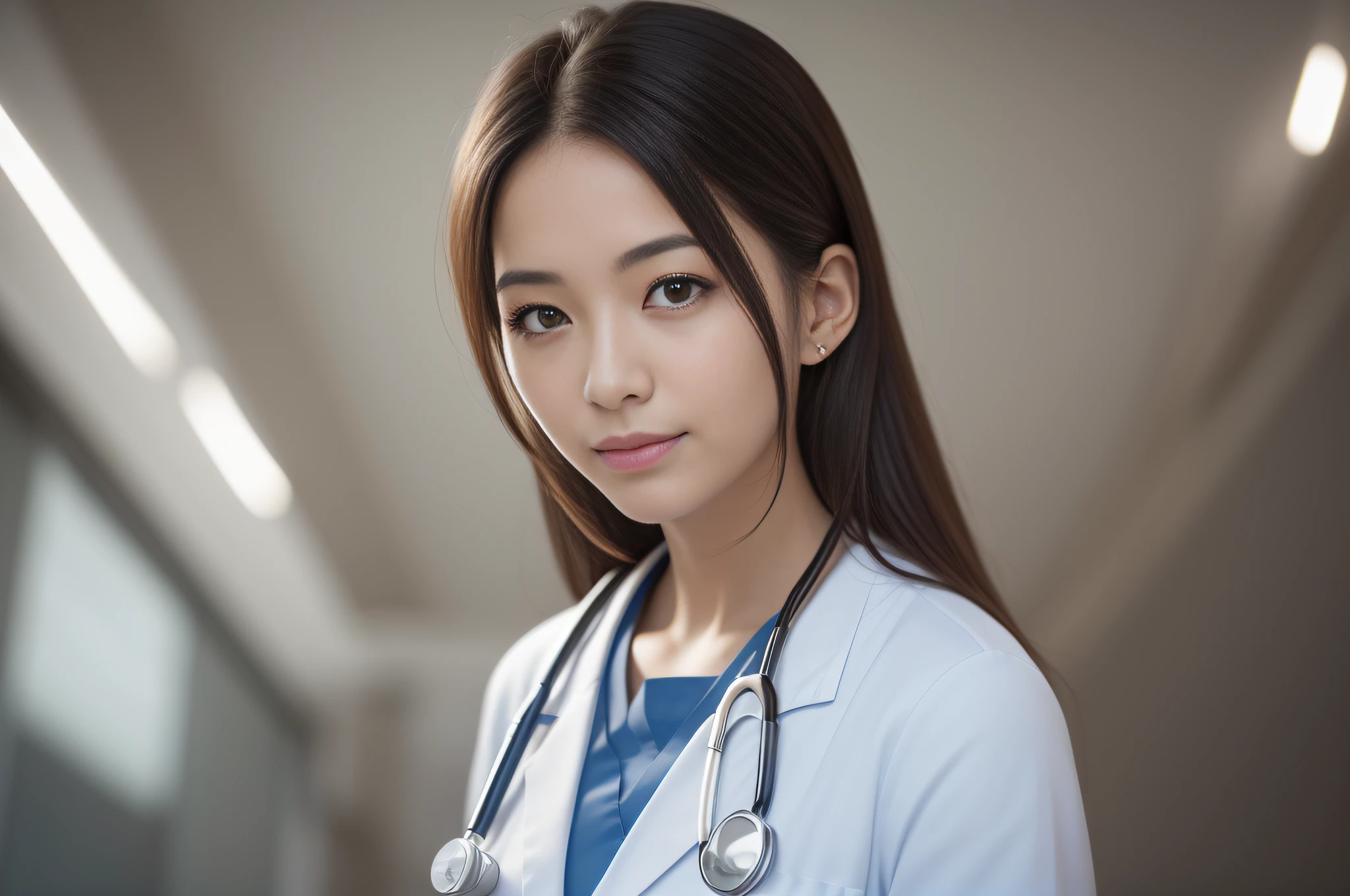 hospital, woman, doctor, smile, innocence, 100mm lens, (photorealistic, lens flare: 1.4), looking right, doctor, uniform, (complex details: 1.2), (masterpiece, : 1.3), (best quality: 1.4), (ultra high definition: 1.2), ultra high definition, (detailed eyes), (detailed facial features), HDR, 8k resolution, (stethoscope), far view, floor reflection, Japan person, lab coat, full body