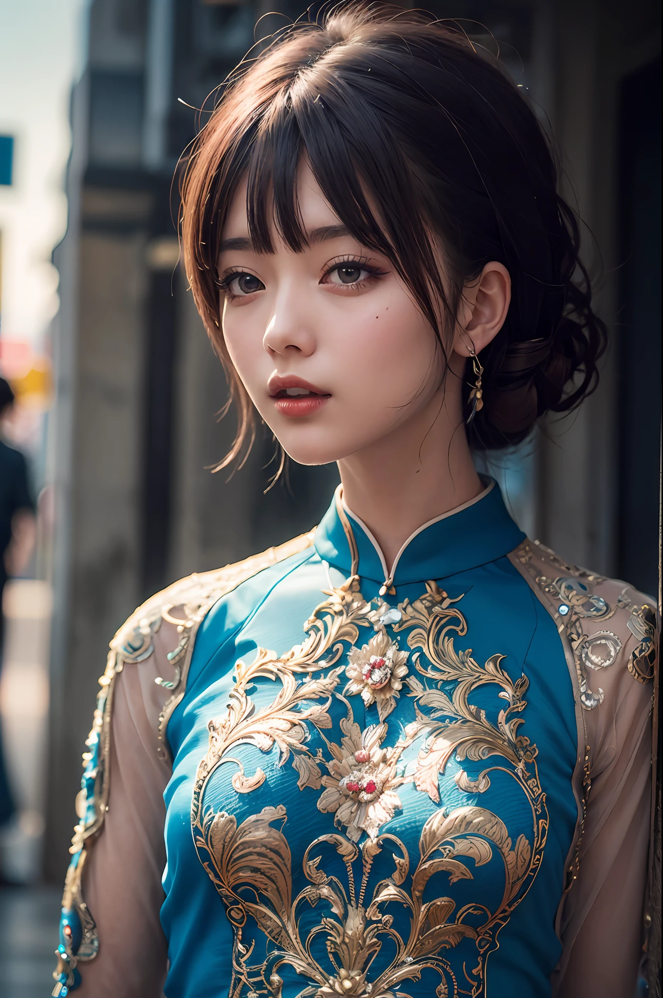 a beautiful girl in vintage colors aodai , masterpiece, best quality, realistic:1.3, street, cyberpunk, sunlight, backlighting, ((((hdr)))), intricate scene, artstation, intricate details, vignette