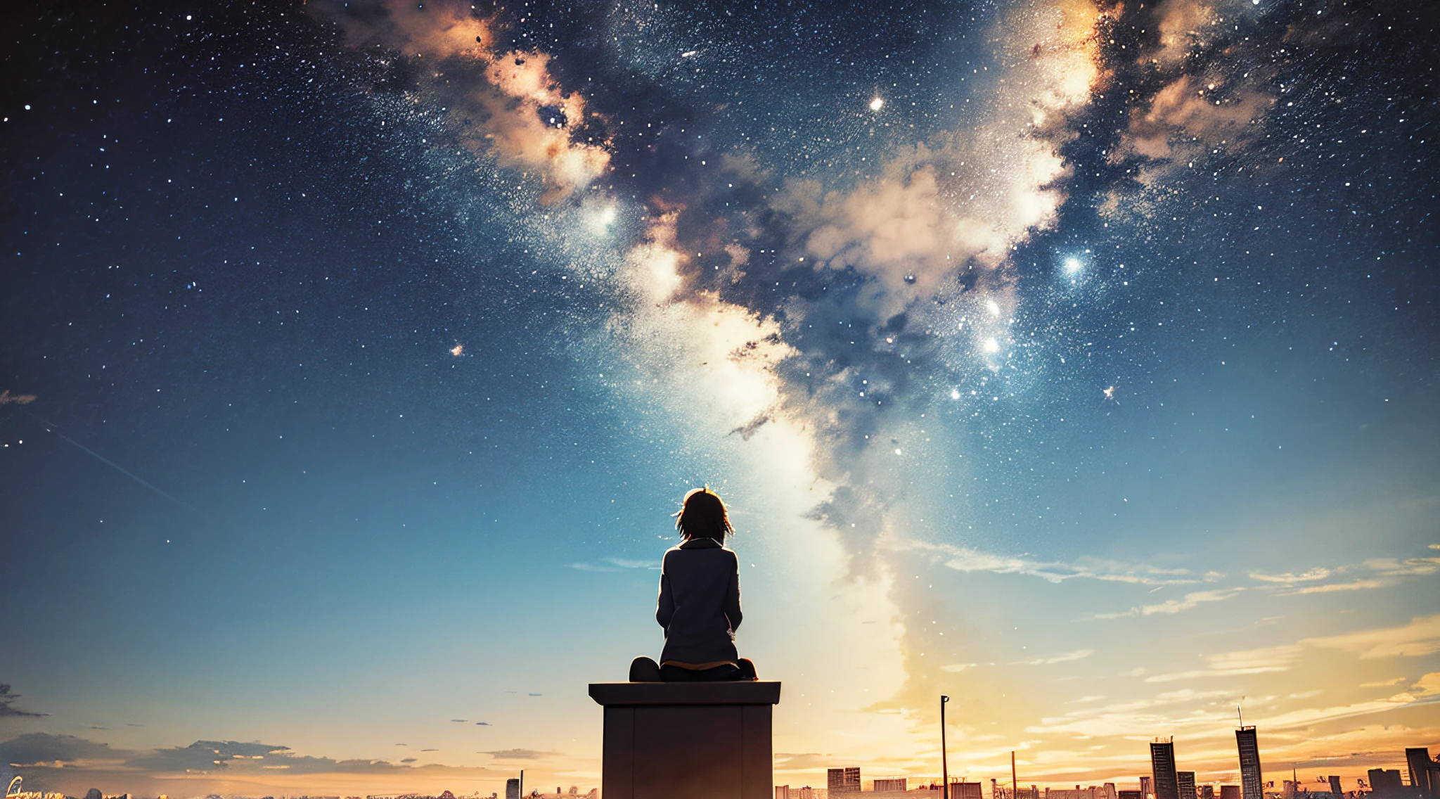 octane, sky, star (sky), landscape, starry sky, night, , night sky, solo, outdoor, signature, building, clouds, milky way, sitting, tree, long hair, city, silhouette, cityscape, Makoto Shinkai's style, Makoto Shinkai's style,